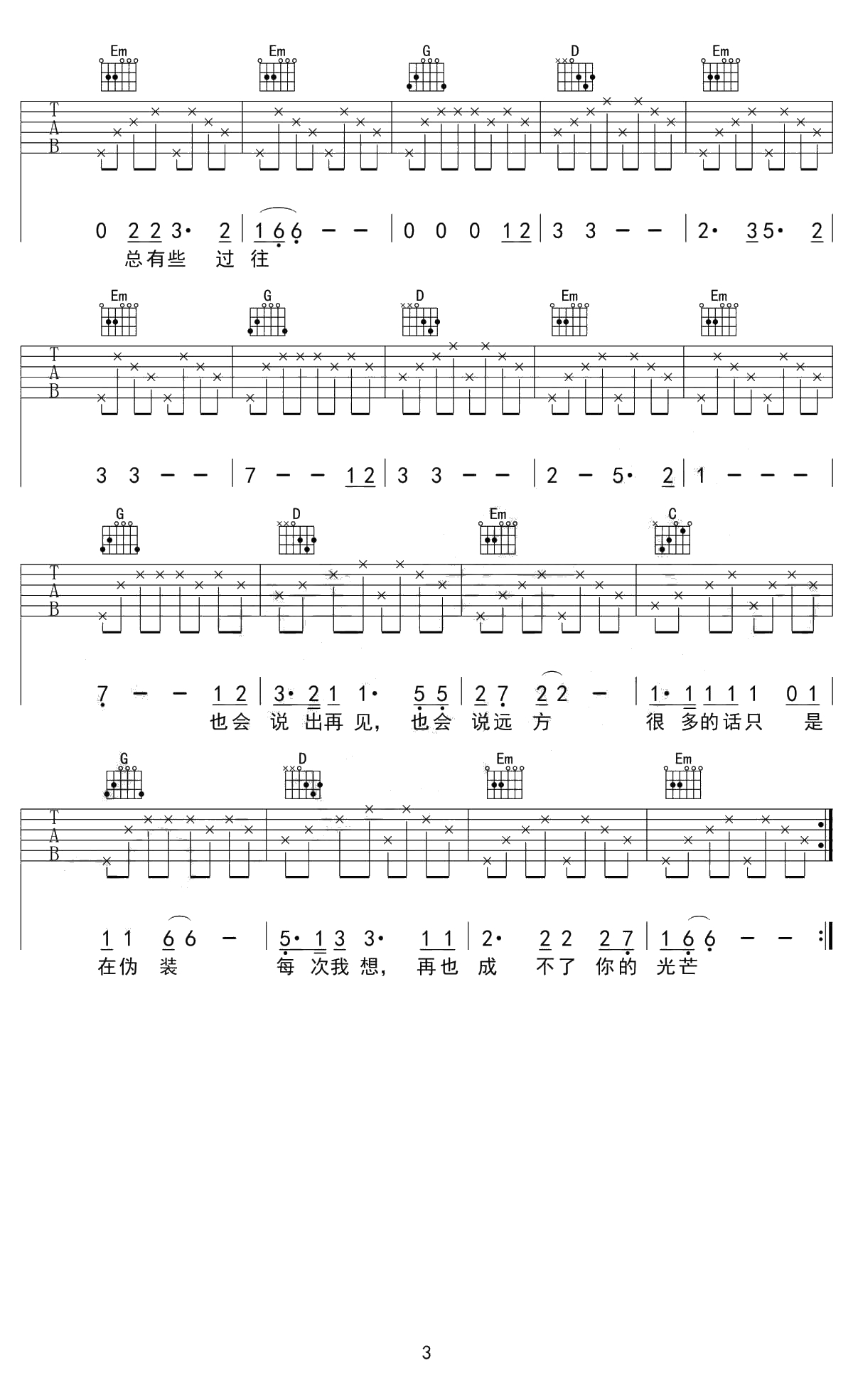 泸沽湖吉他谱 G调高清六线谱 麻园诗人3