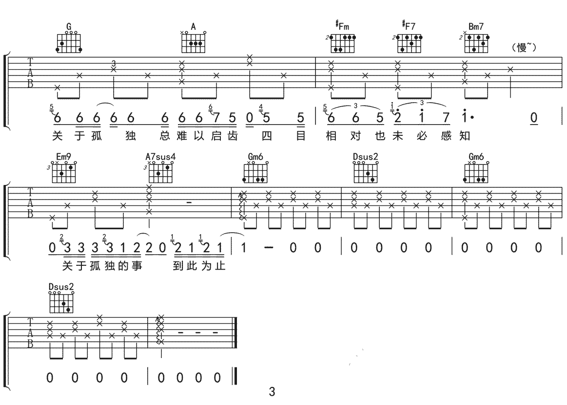 事关孤独吉他谱 D调 马良3