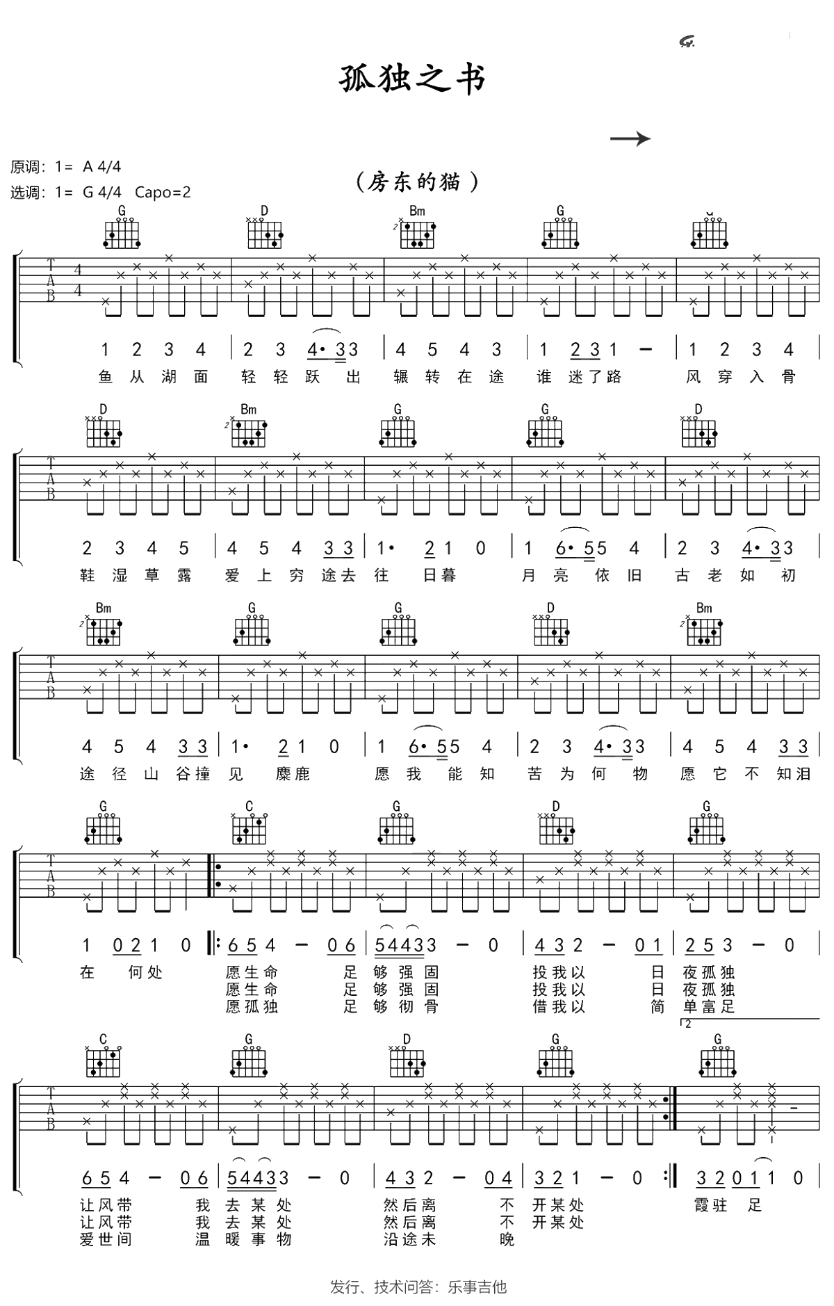 孤独之书吉他谱 G调弹唱 房东的猫1