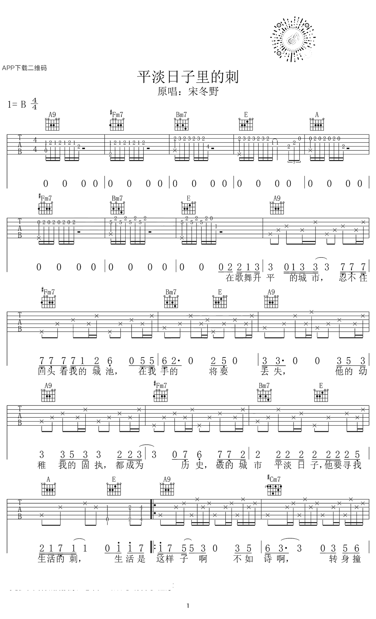 平淡日子里的刺吉他谱 宋冬野 弹唱谱1