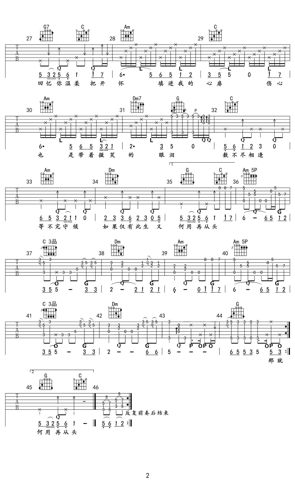 突然的自我吉他谱 C调指法 伍佰2