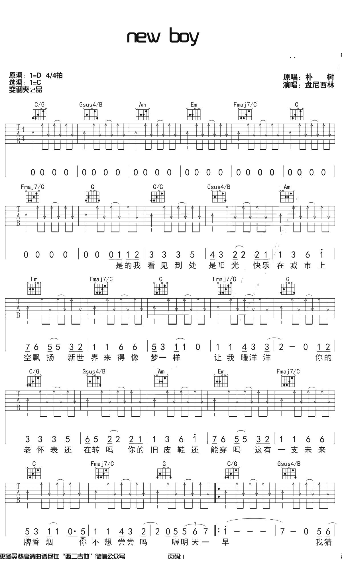 New Boy吉他谱 C调原版弹唱谱 盘尼西林1