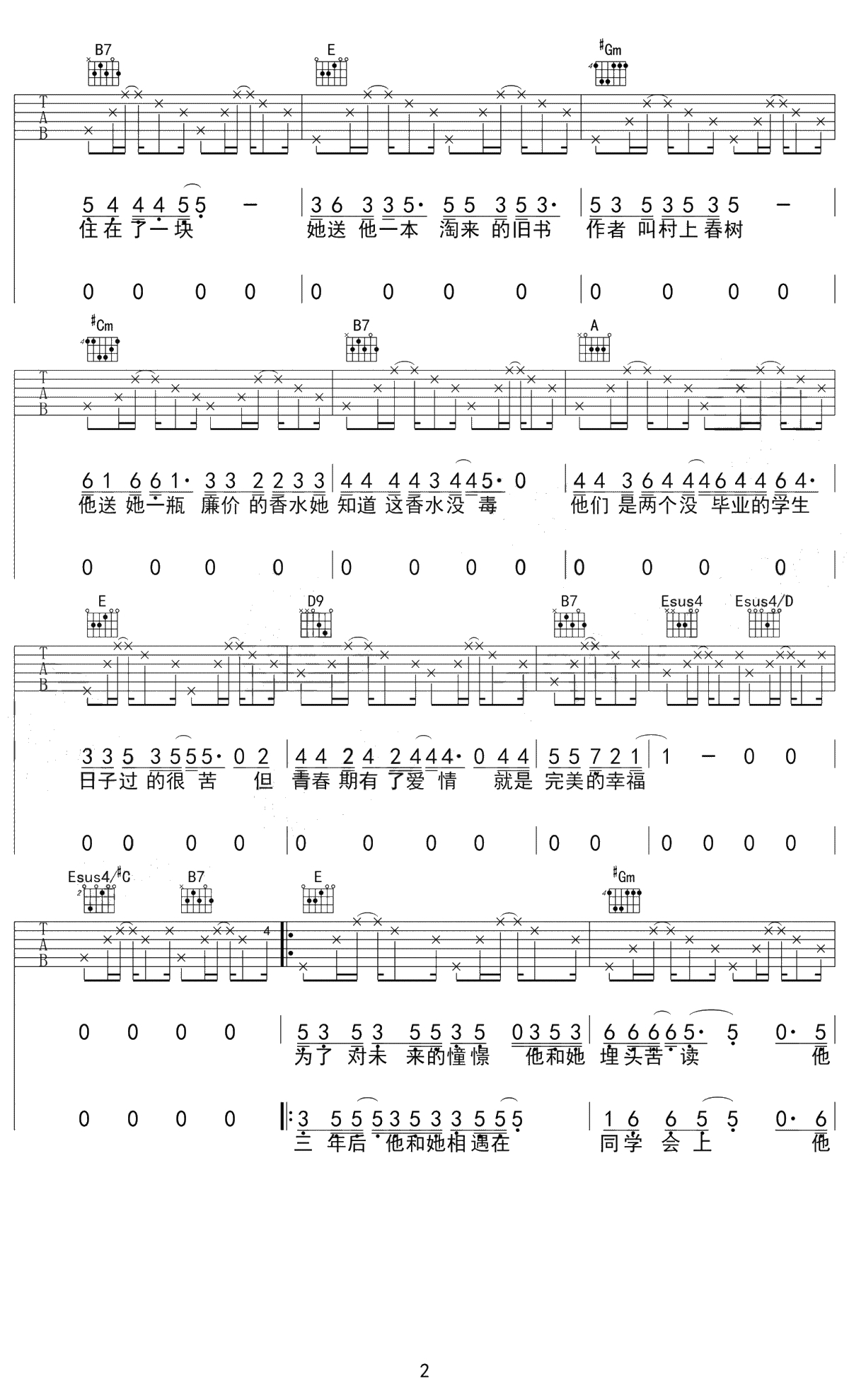 校花与流川枫吉他谱 E调弹唱谱 黑撒乐队2