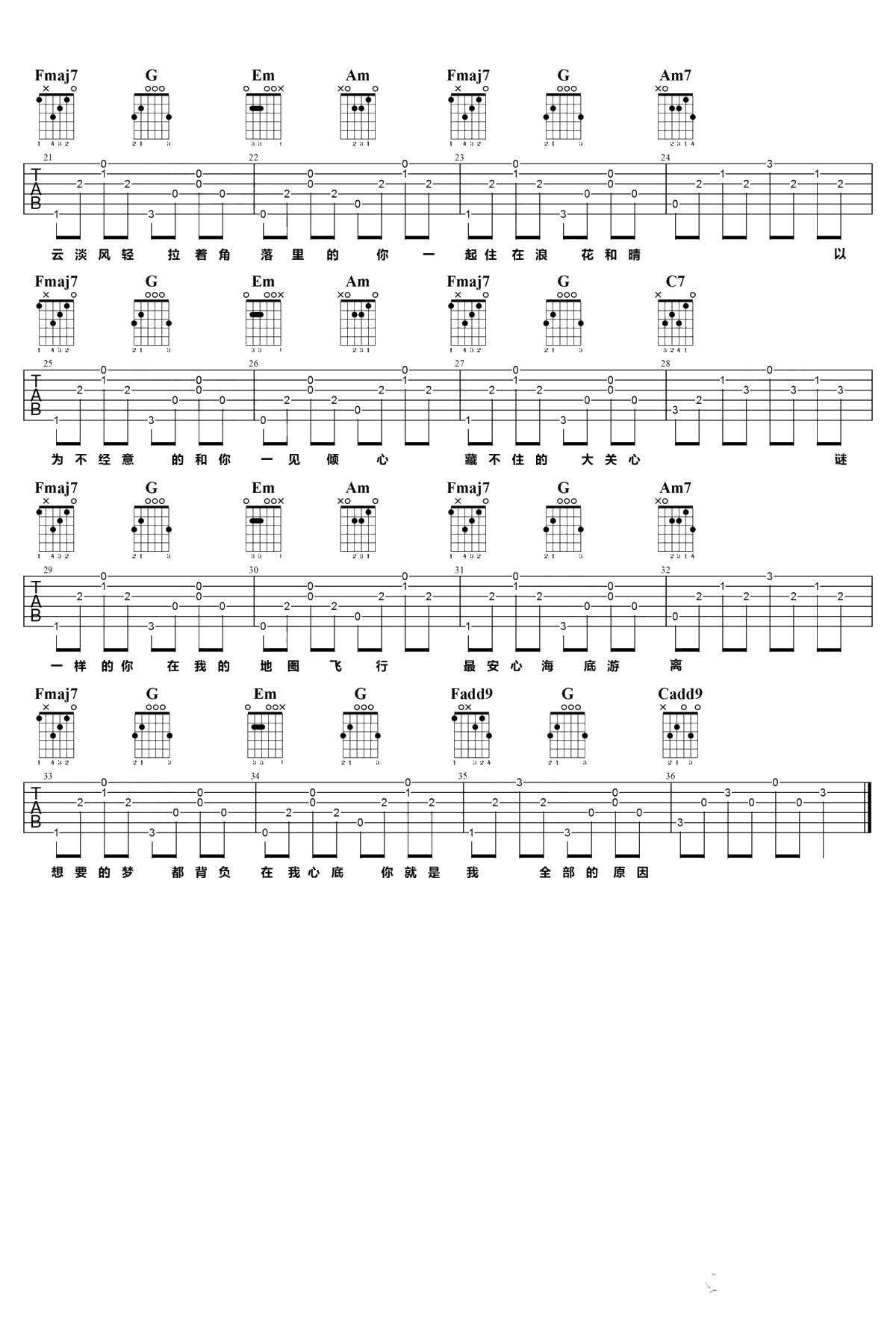 云淡风轻吉他谱 王欣宇/沈以诚 弹唱六线谱2