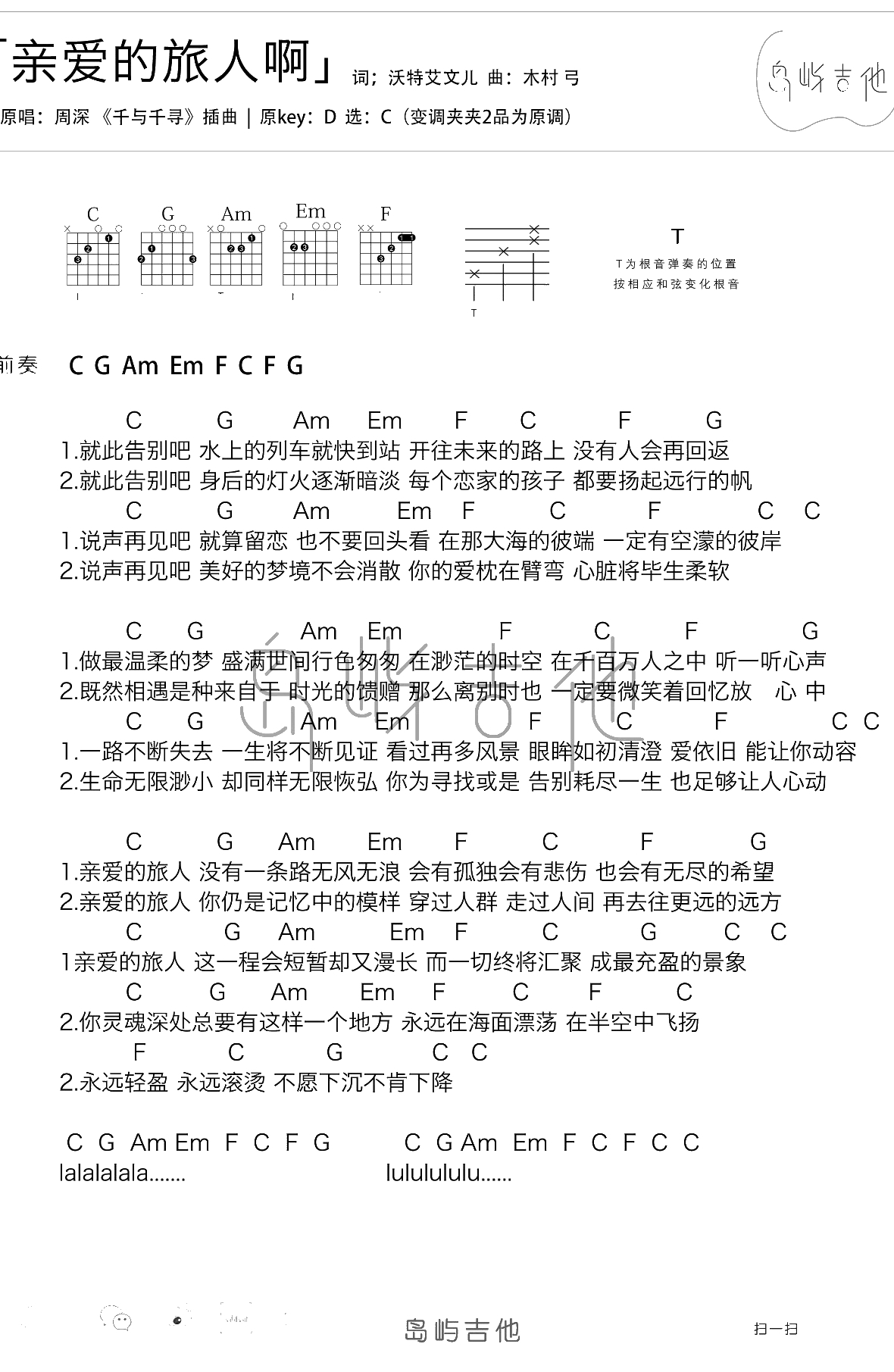 亲爱的旅人啊吉他谱 周深《千与千寻》主题曲3