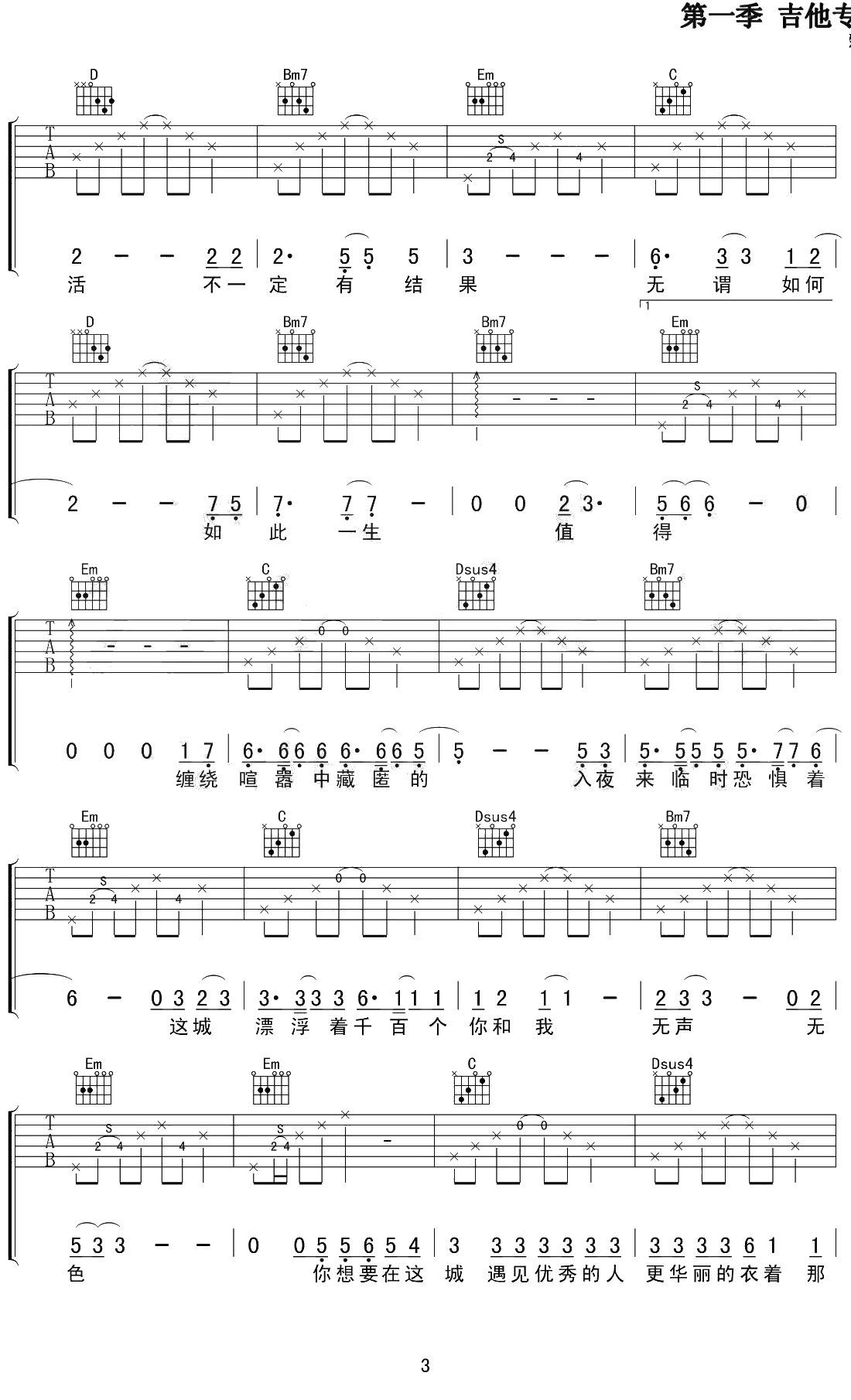 人间城吉他谱 G调指法 王贰浪 弹唱六线谱3