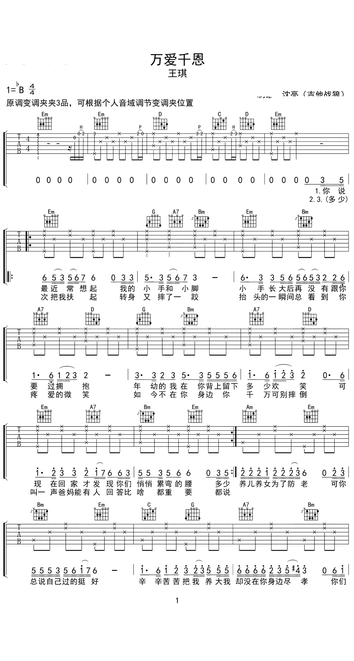 万爱千恩吉他谱 王琪 弹唱六线谱1