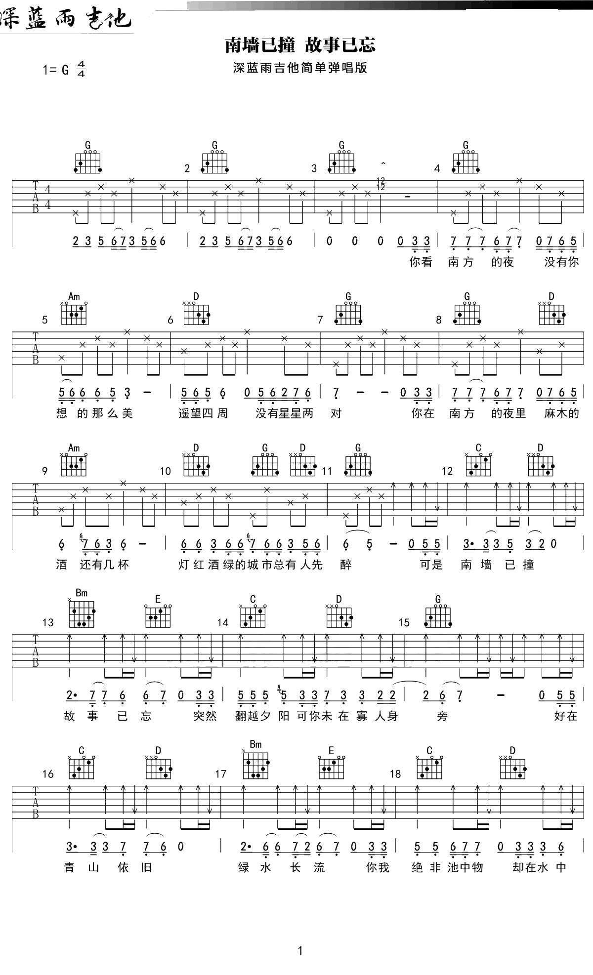 南墙已撞故事已忘吉他谱 林启得 G调简单弹唱谱1