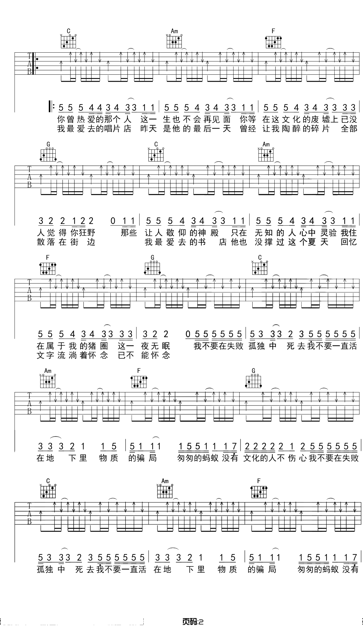 没有理想的人不伤心吉他谱 原版伴奏 新裤子乐队2