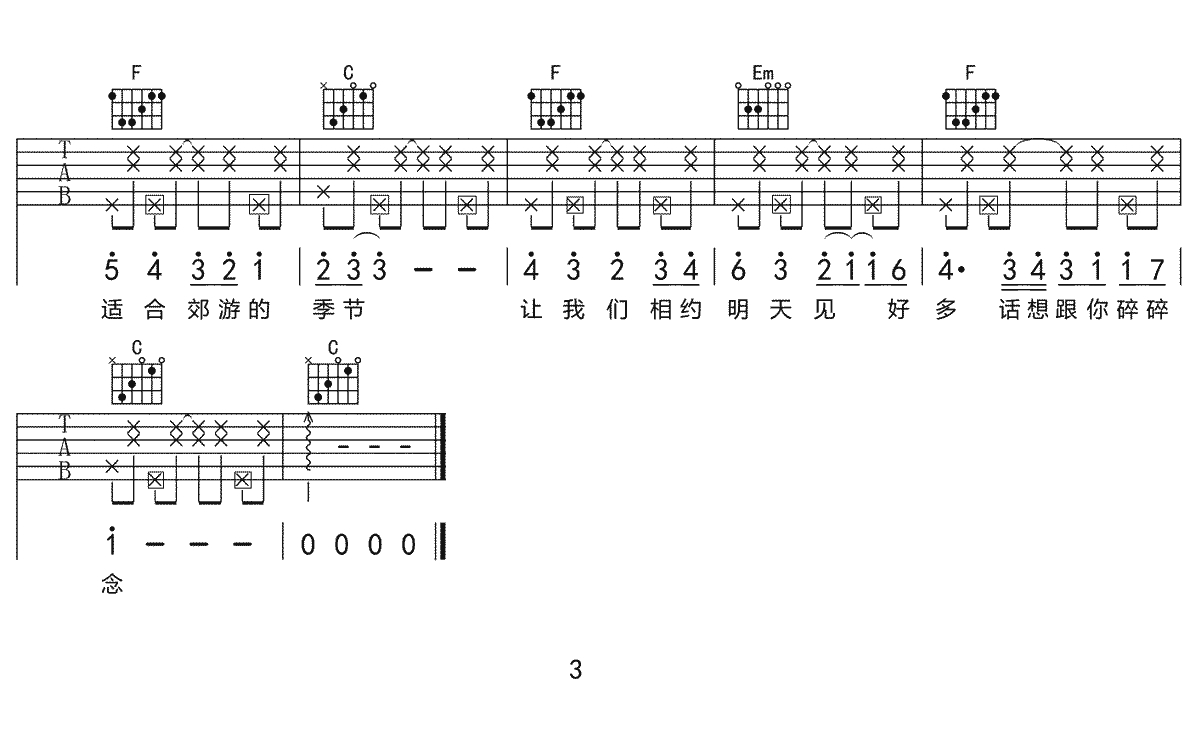 元气夏天吉他谱 C调原版 刘瑞琦3