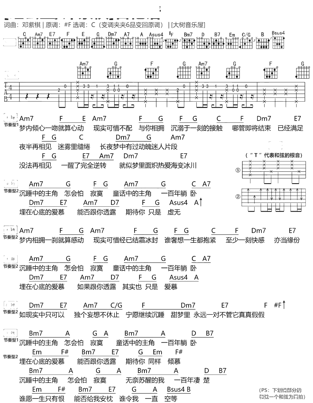 睡公主吉他谱 C调和弦图谱 邓紫棋 吉他弹唱1