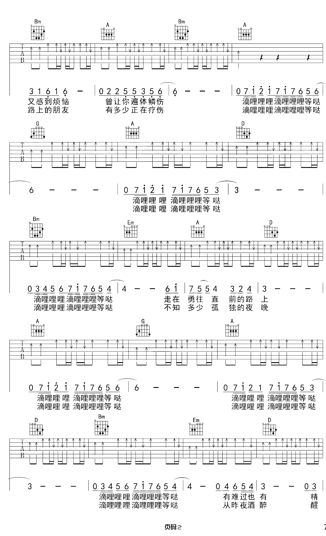 曾经的你吉他谱 D调原版 许巍 带前奏2