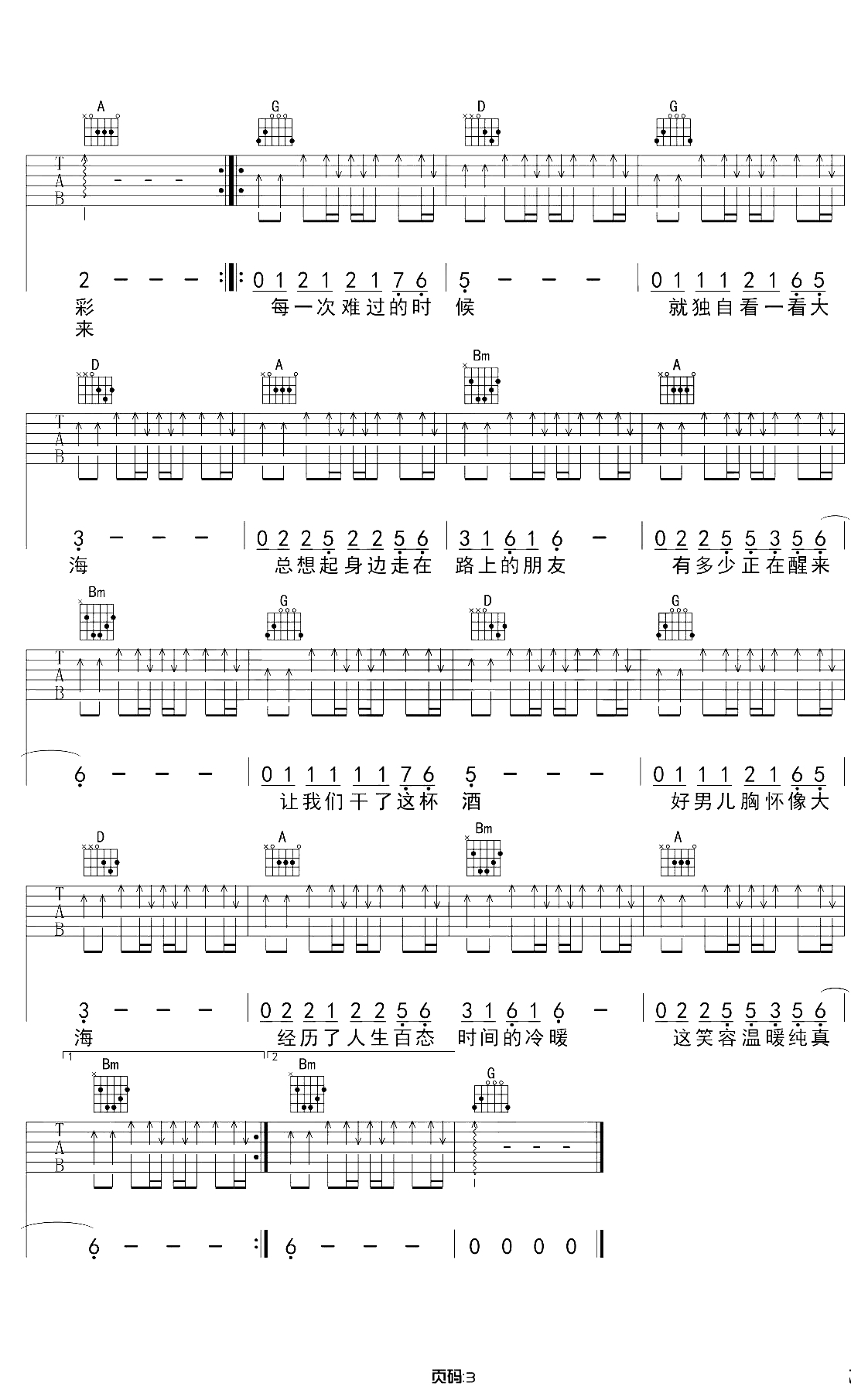 曾经的你吉他谱 D调原版 许巍 带前奏3