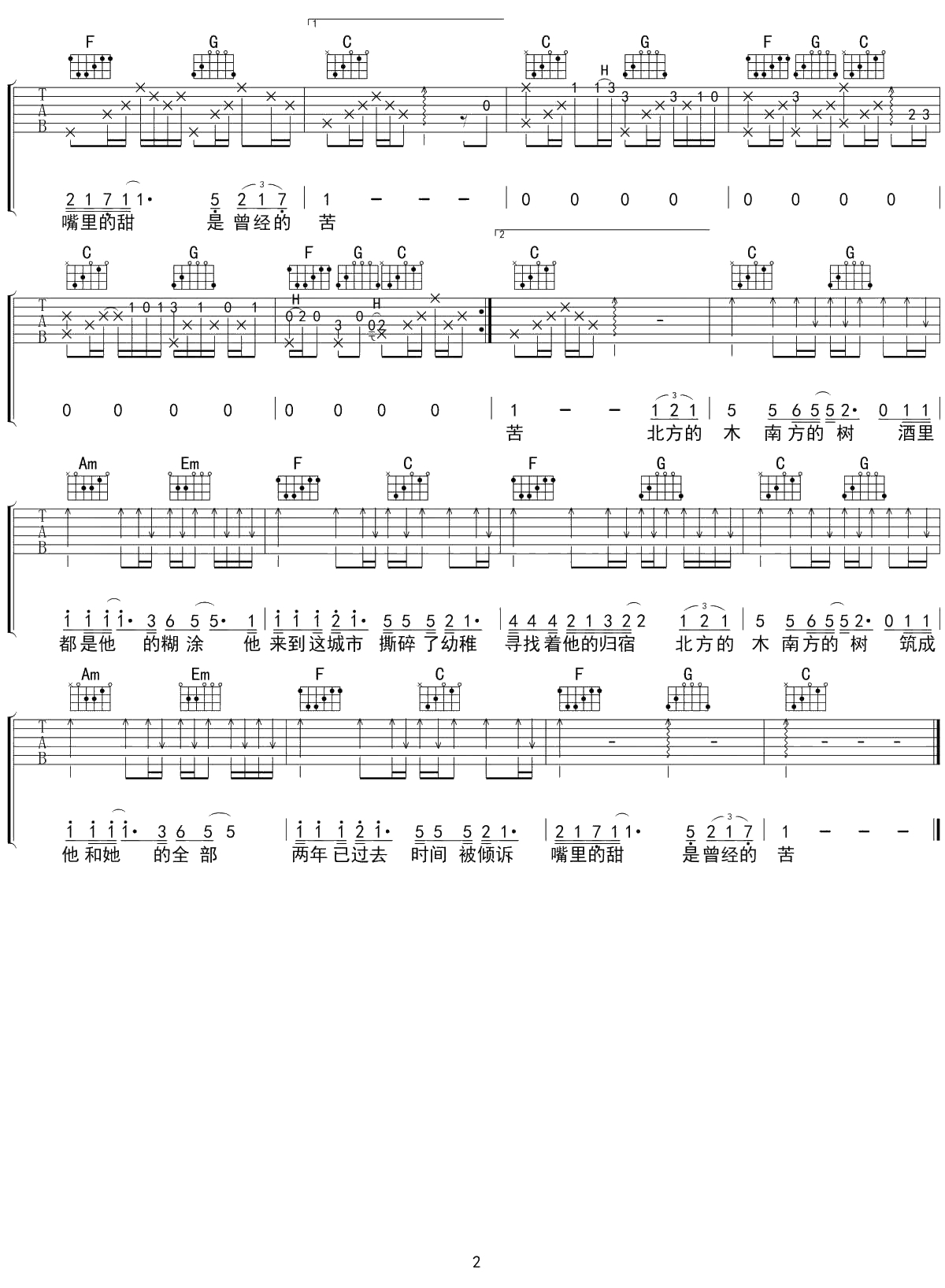 北木南吉他谱 C调 小嘉玲2
