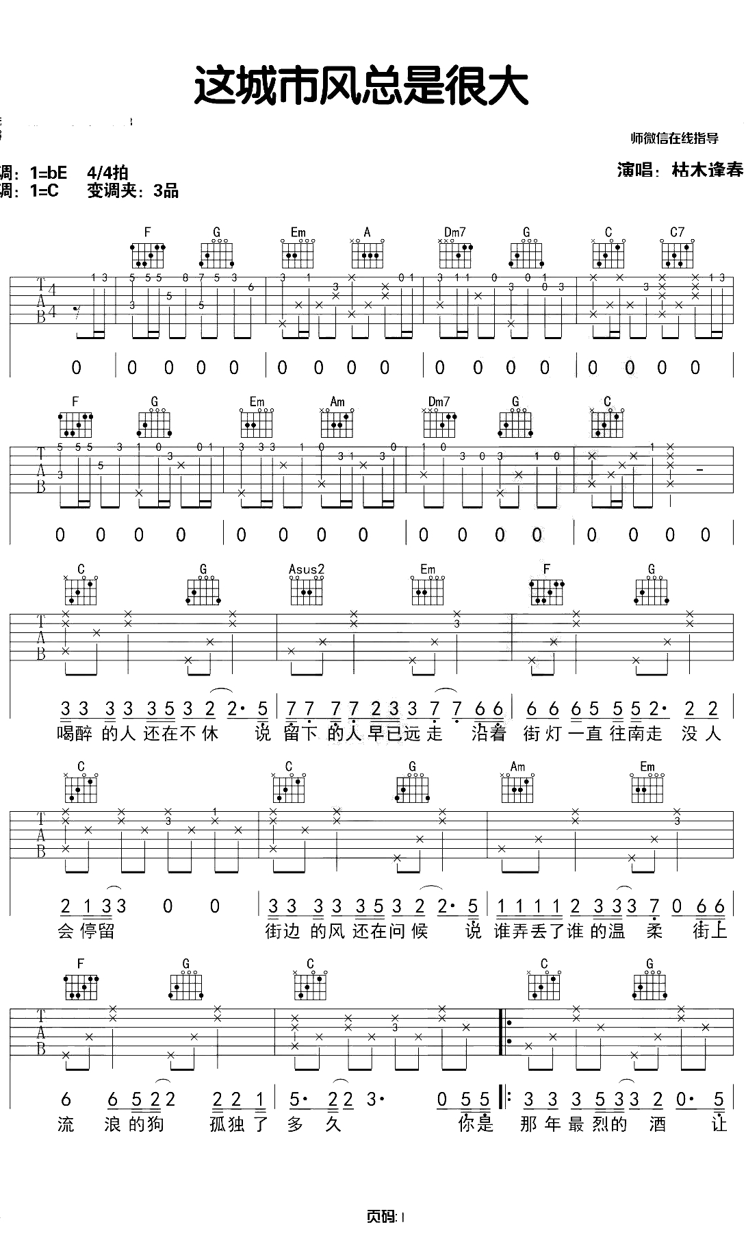 这城市风总是很大吉他谱 带前奏C调原版 吉他1