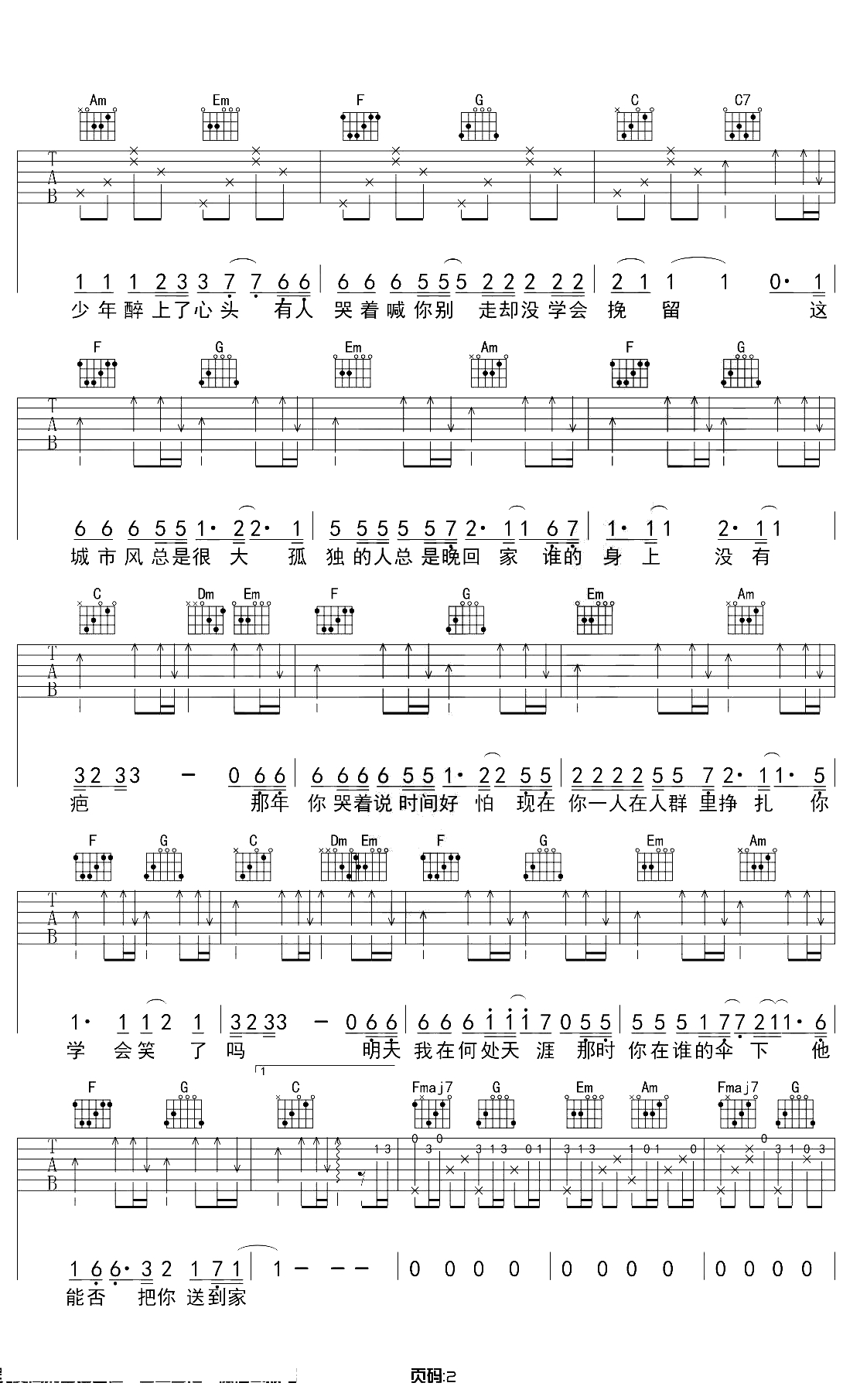 这城市风总是很大吉他谱 带前奏C调原版 吉他2