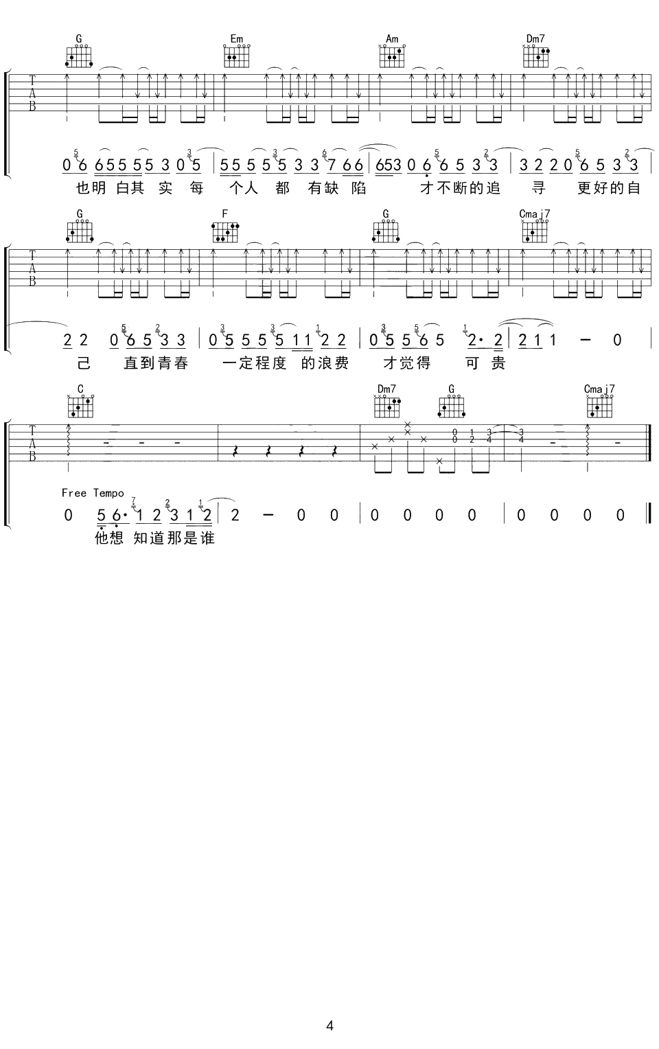 第三人称吉他谱 C调弹唱六线谱 Hush4