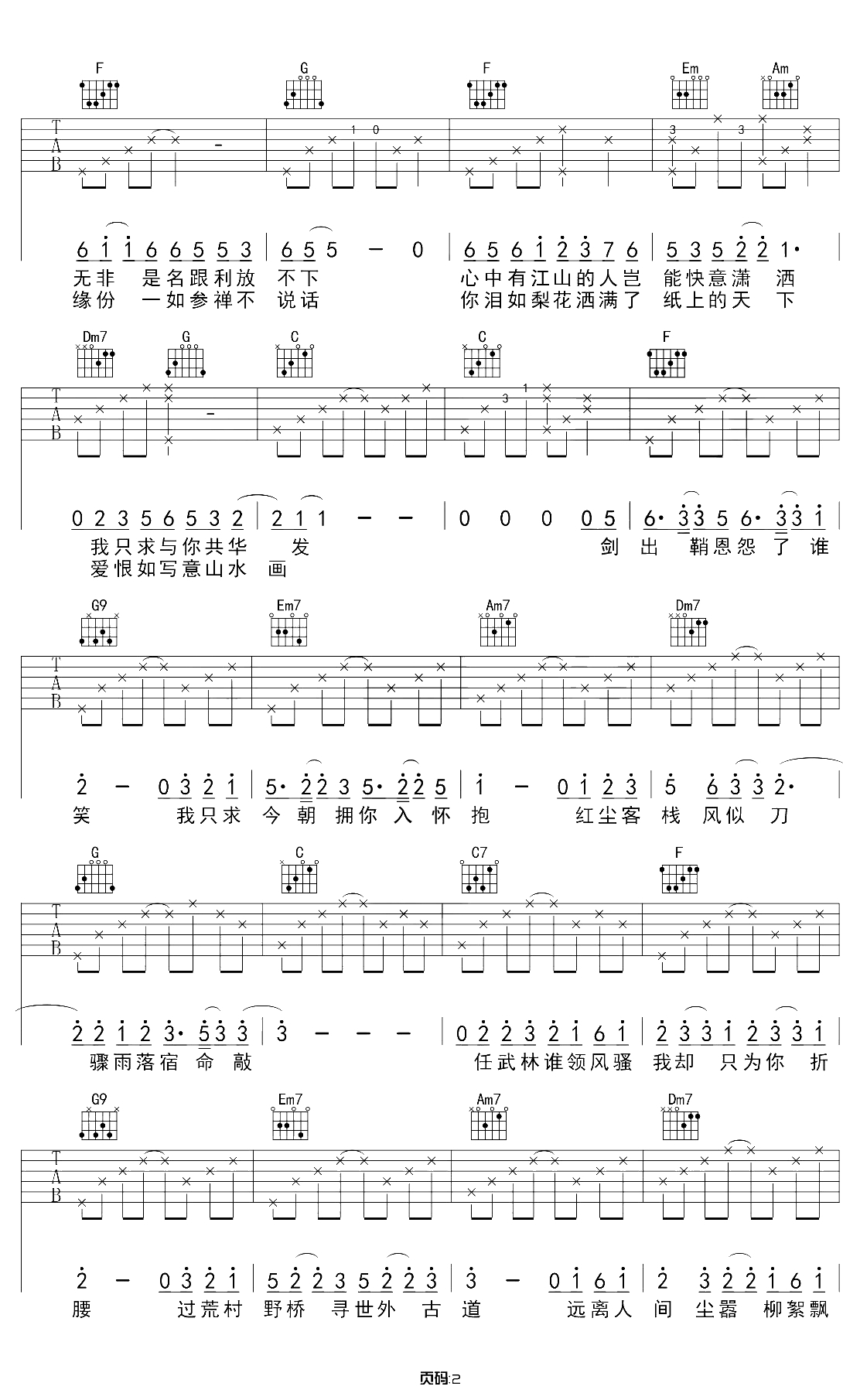 红尘客栈吉他谱 带前奏C调原版 周杰伦 弹唱2