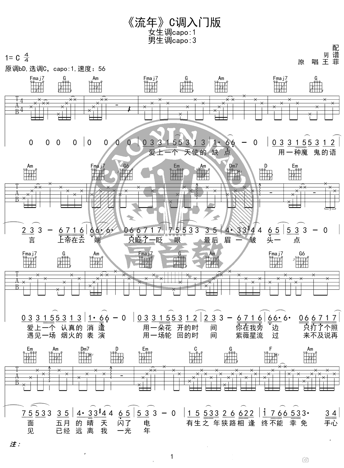 流年吉他谱 C调入门版 王菲 高音教编配 1