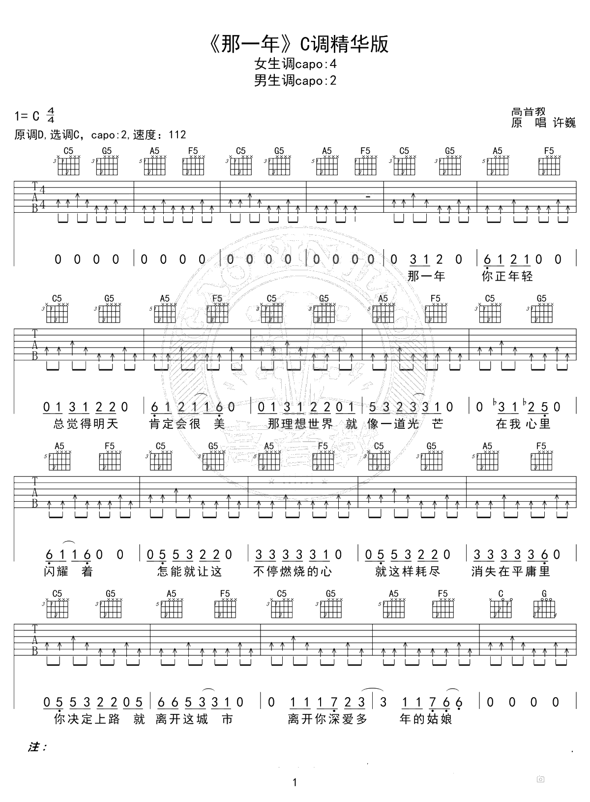 那一年吉他谱 C调精华版 许巍 高音教编配 1