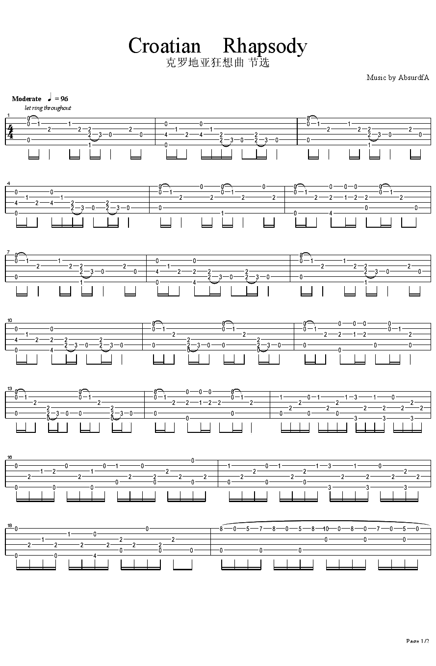 克罗地亚狂想曲指弹谱 Croatian Rhapsody 吉他独奏谱1