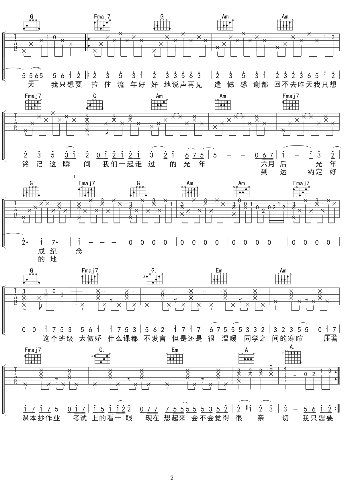 记念吉他谱 雷雨心 C调六线谱2
