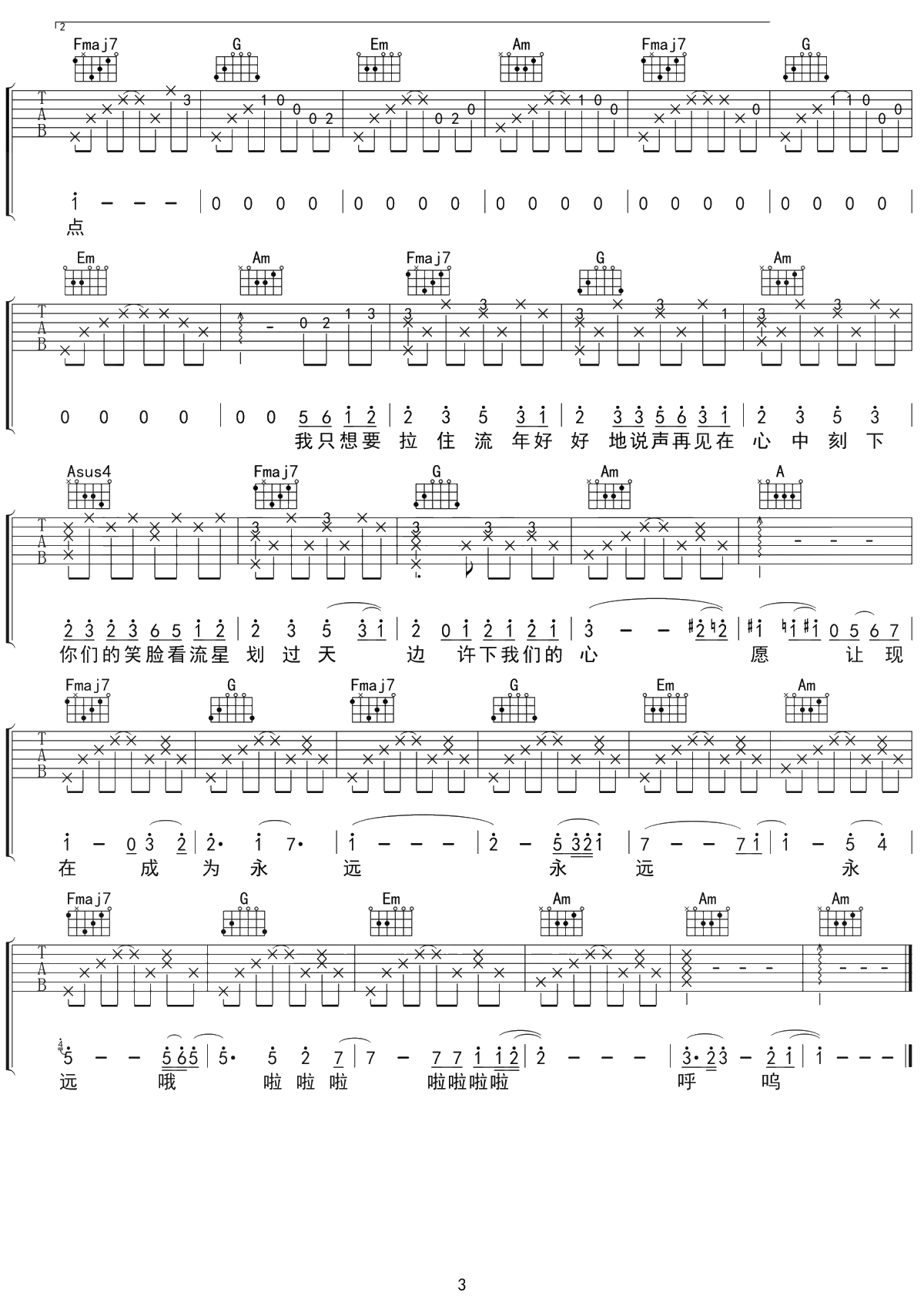 记念吉他谱 雷雨心 C调六线谱3