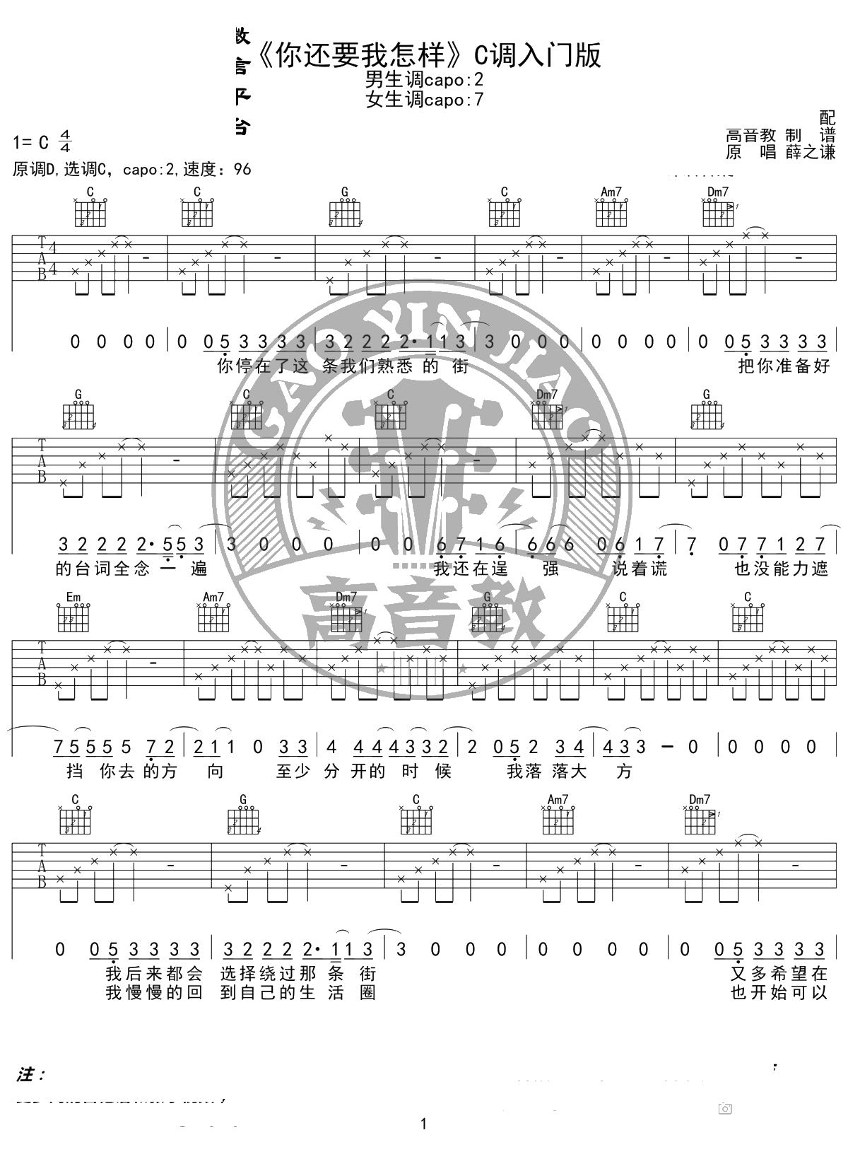 你还要我怎样吉他谱 薛之谦 C调入门版 高音教编配 1
