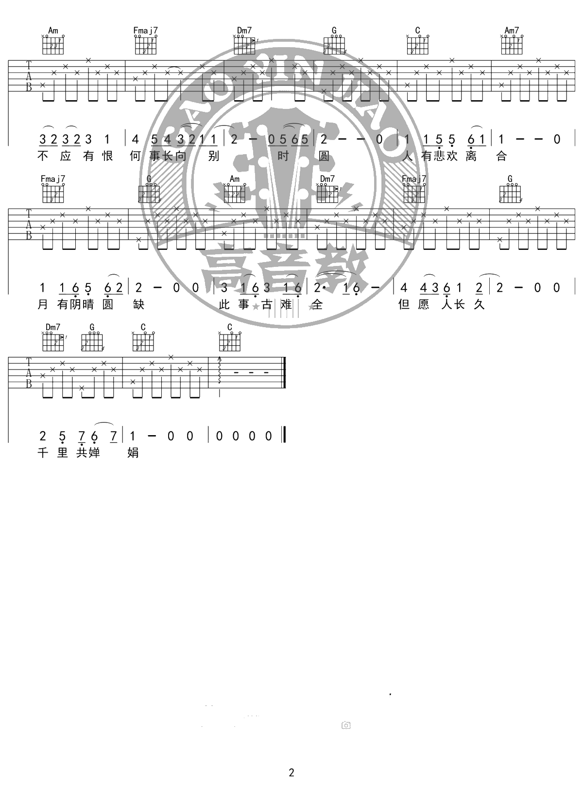 但愿人长久吉他谱 王菲 C调入门版 高音教编配 2