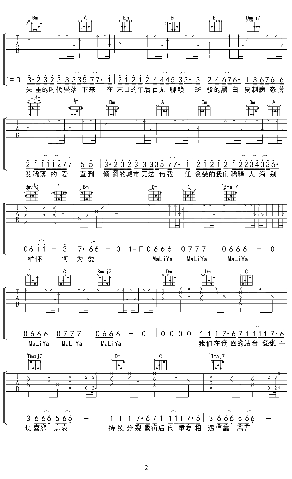 病态吉他谱 薛之谦 F调弹唱六线谱2