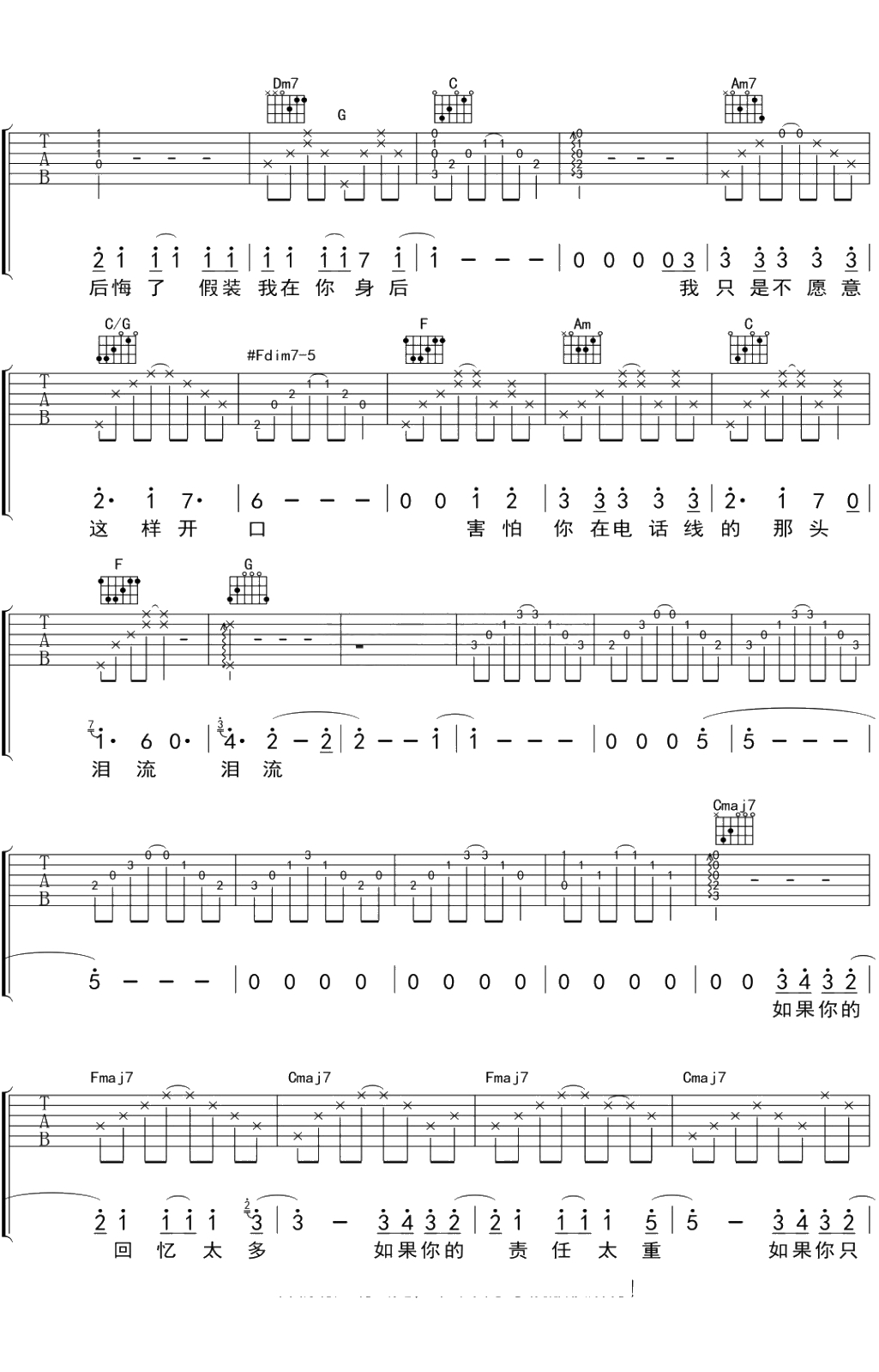 越洋电话吉他谱 陈绮贞 弹唱六线谱2