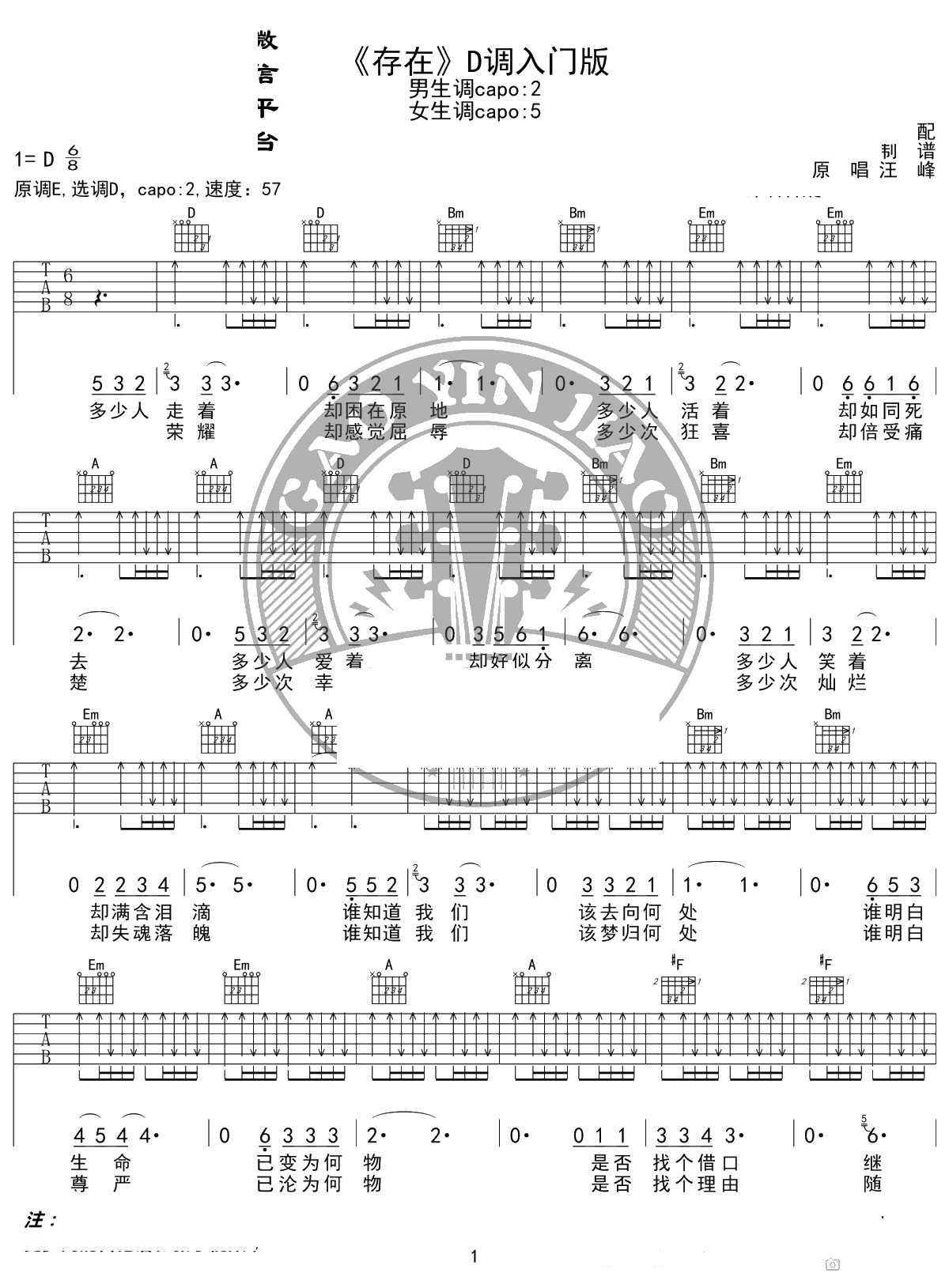 汪峰《存在》吉他谱 D调入门版 高音教编配 1