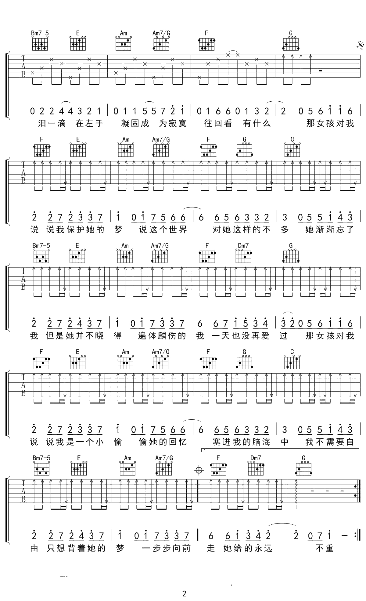 那女孩对我说吉他谱 黄义达 C调 2