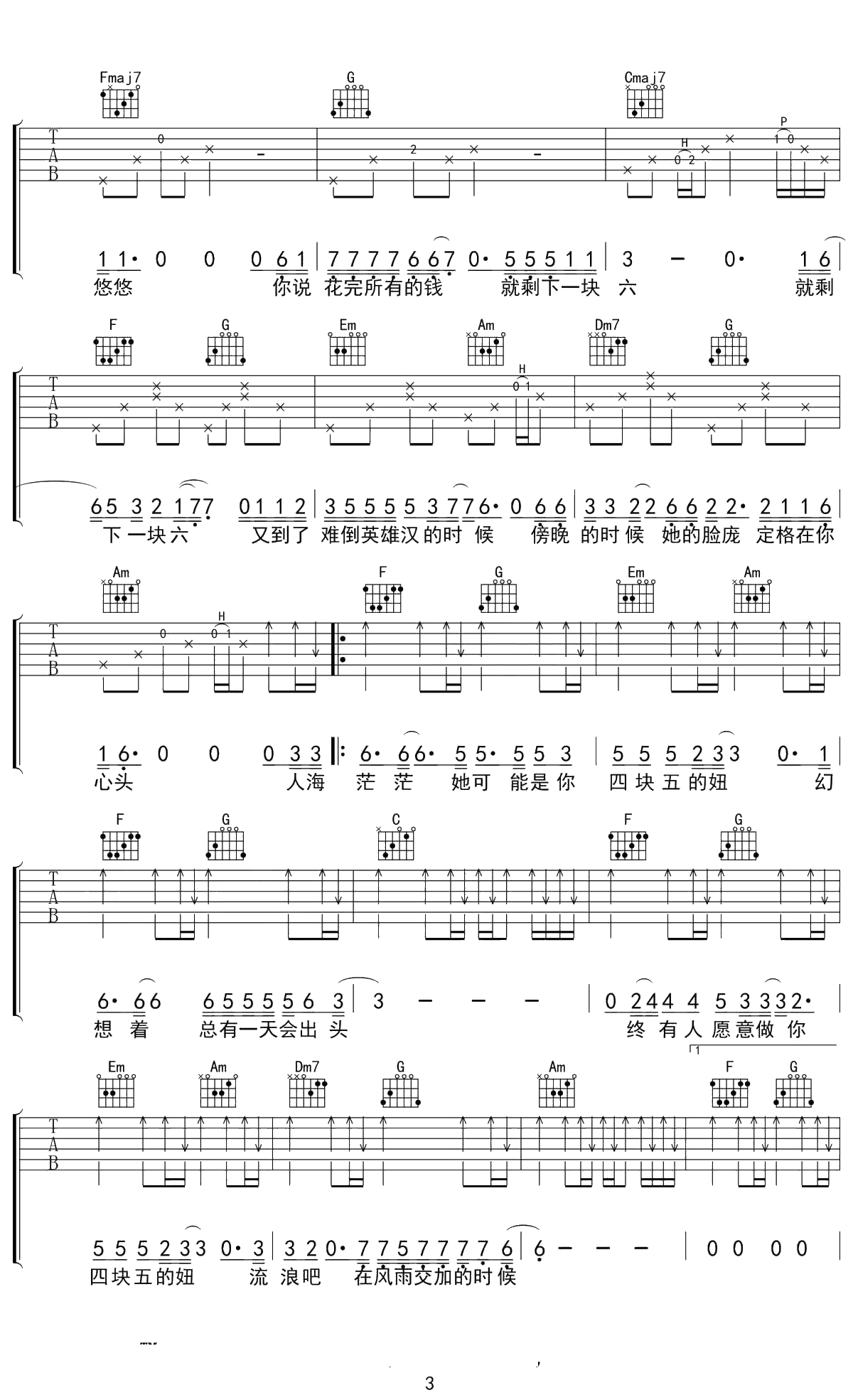 隔壁老樊《四块五》吉他谱 C调 3