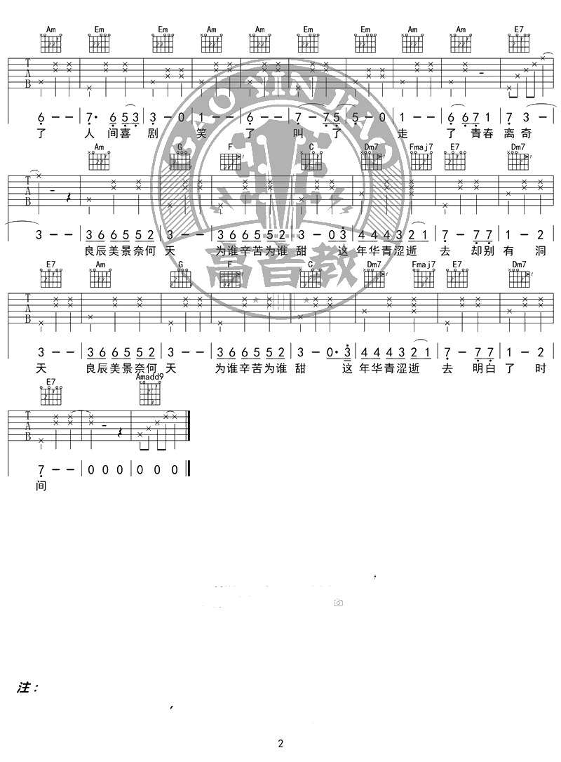 王菲《致青春》吉他谱 C调精华版 高音教编配 2