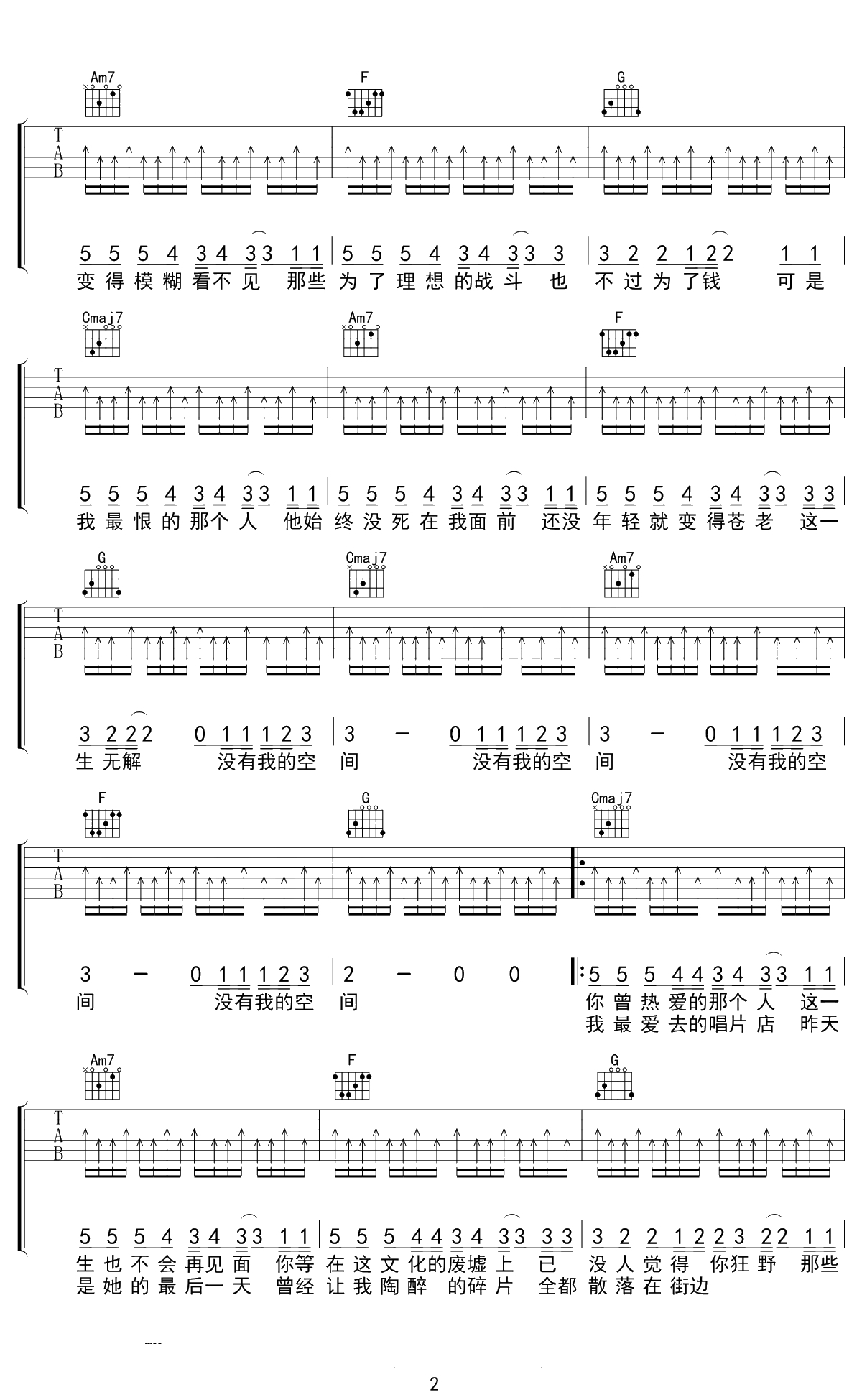 没有理想的人不伤心吉他谱 新裤子乐队 C调 2