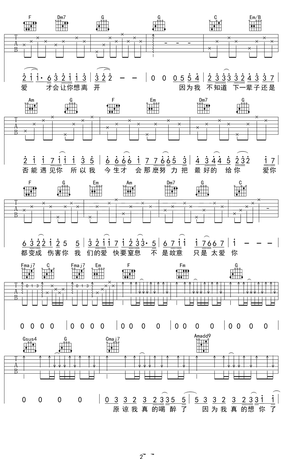 只是太爱你吉他谱 张敬轩 C调六线谱 弹唱2