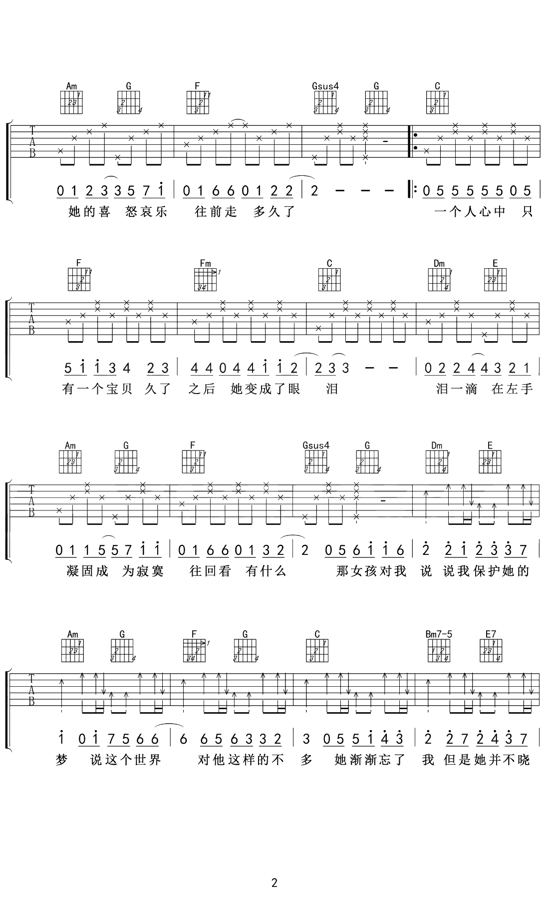 那女孩对我说吉他谱 戴羽彤女生C调版 吉他2