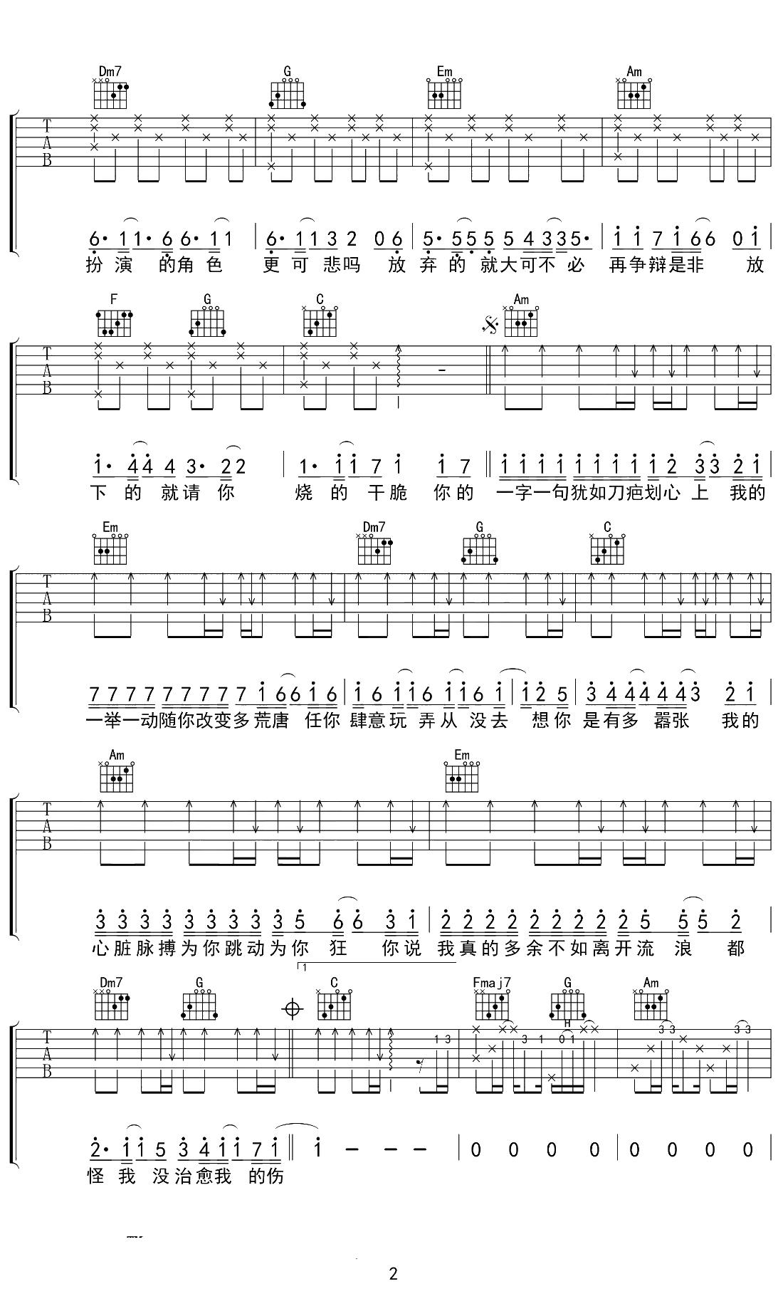 嚣张吉他谱 EN C调指法 弹唱六线谱2