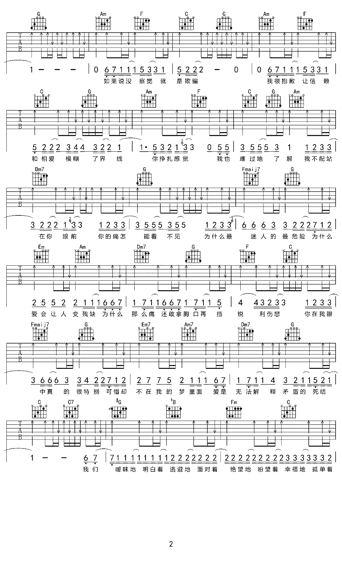 迷人的危险吉他谱 尚士达 弹唱六线谱2