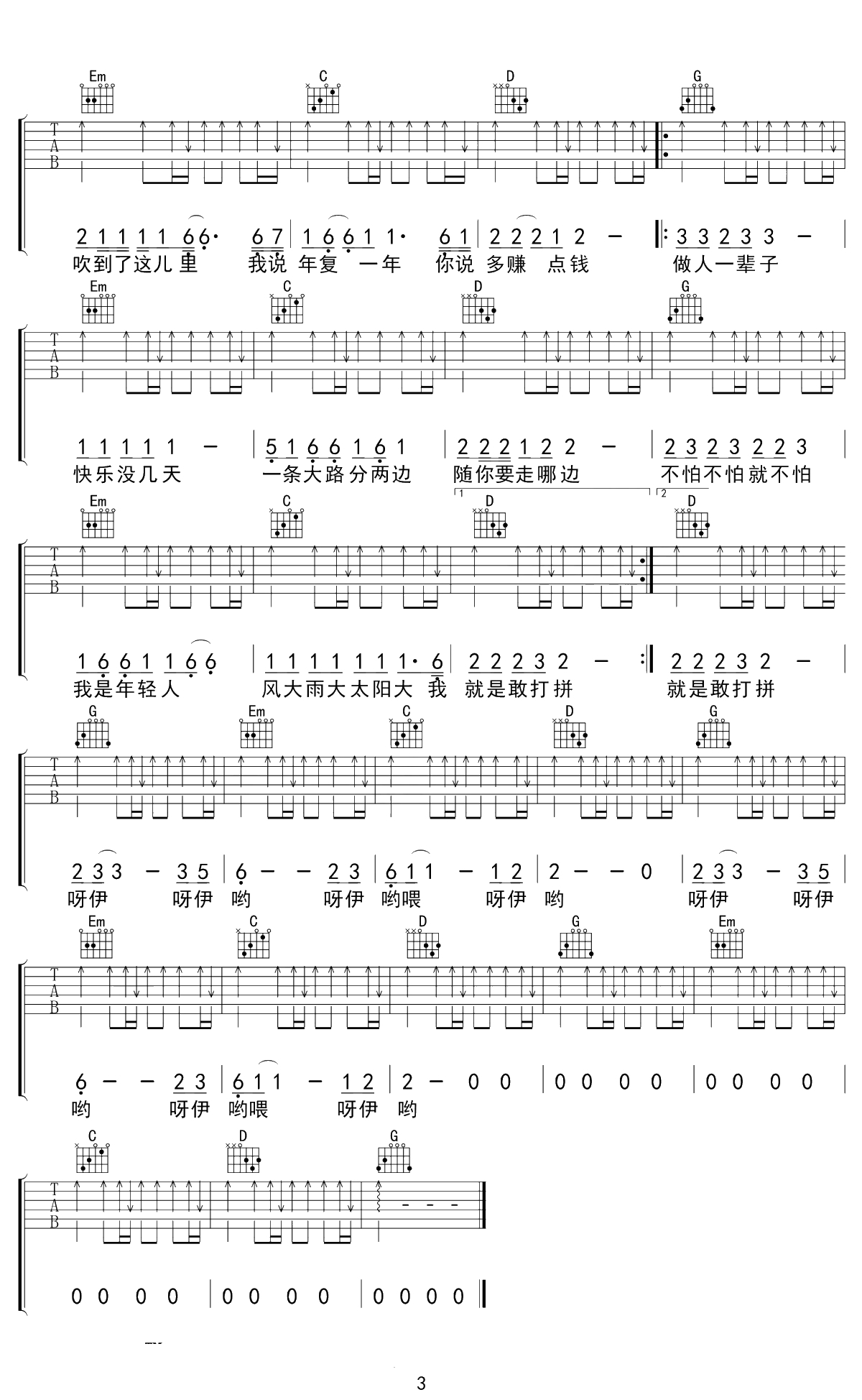 大田后生仔吉他谱 林启得 G调弹唱谱 3