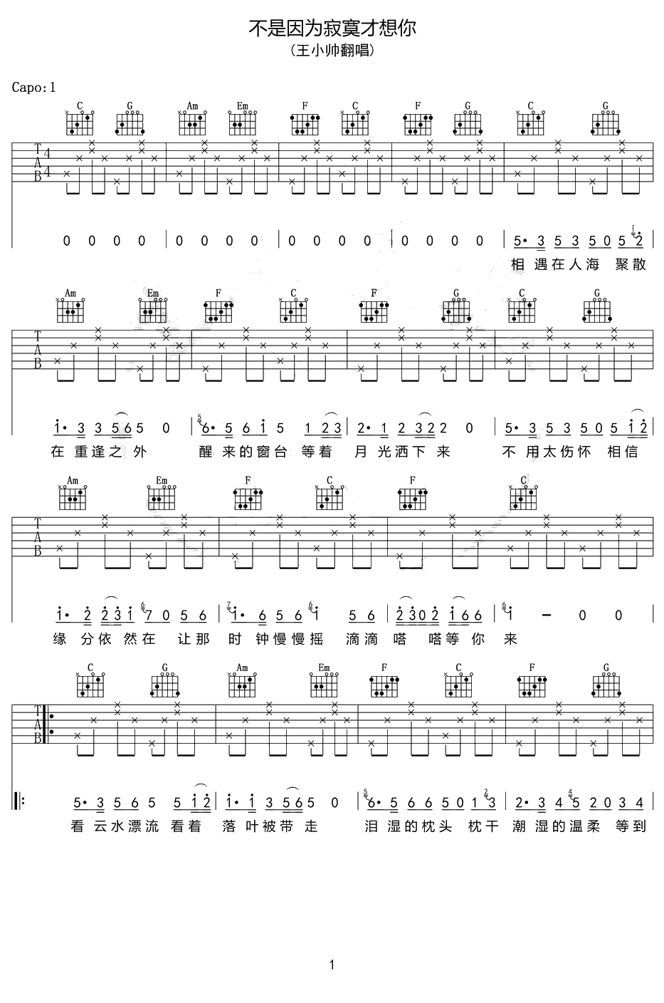 不是因为寂寞才想你吉他谱 C调简单版 王小帅1