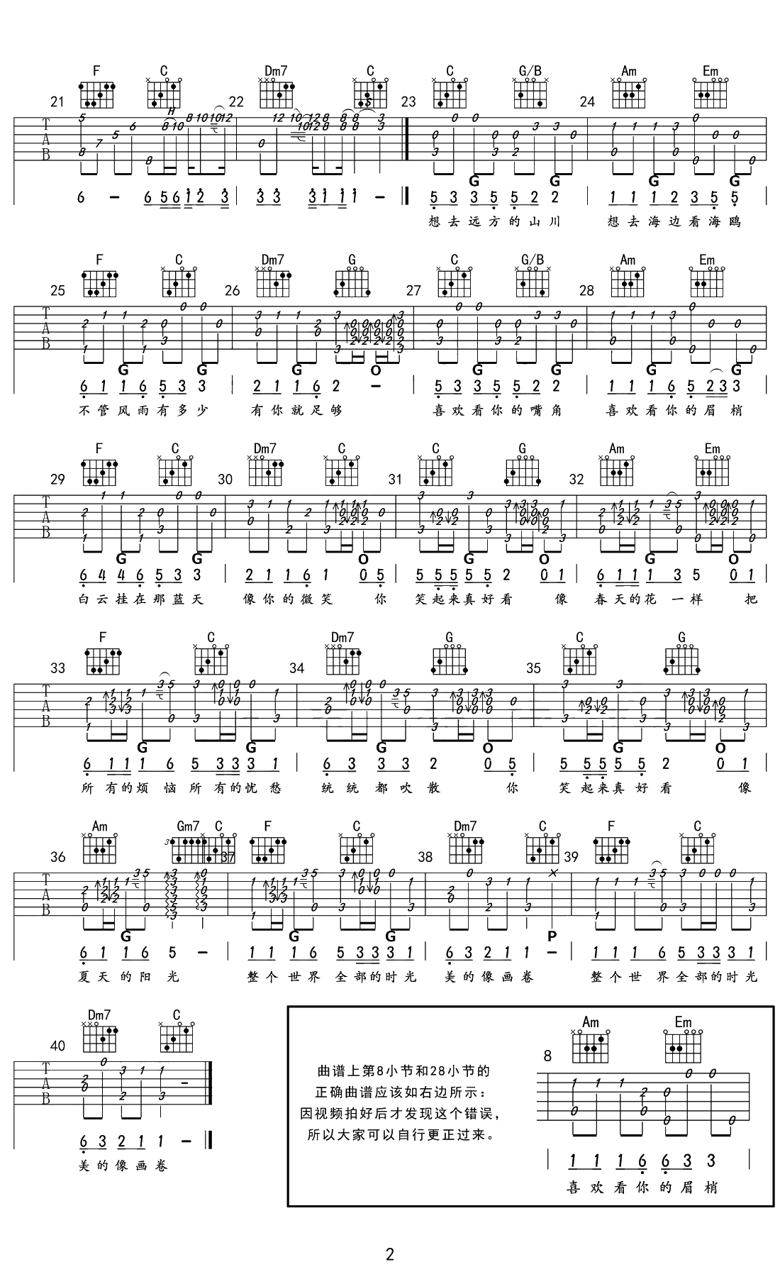 你笑起来真好看指弹谱 C调 吉他独奏谱 指弹2