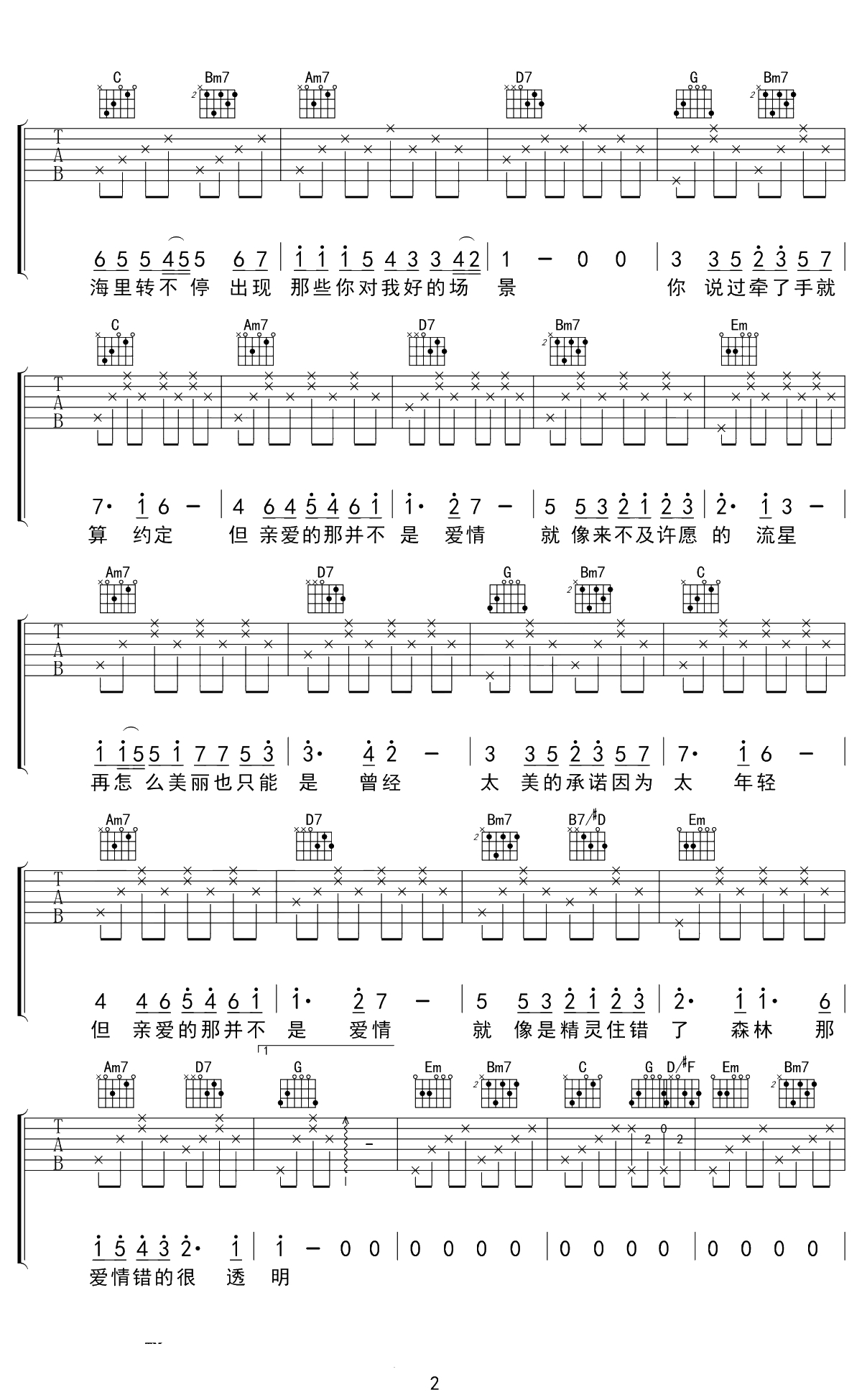 亲爱的那不是爱情吉他谱 张韶涵 G调弹唱六线谱 2