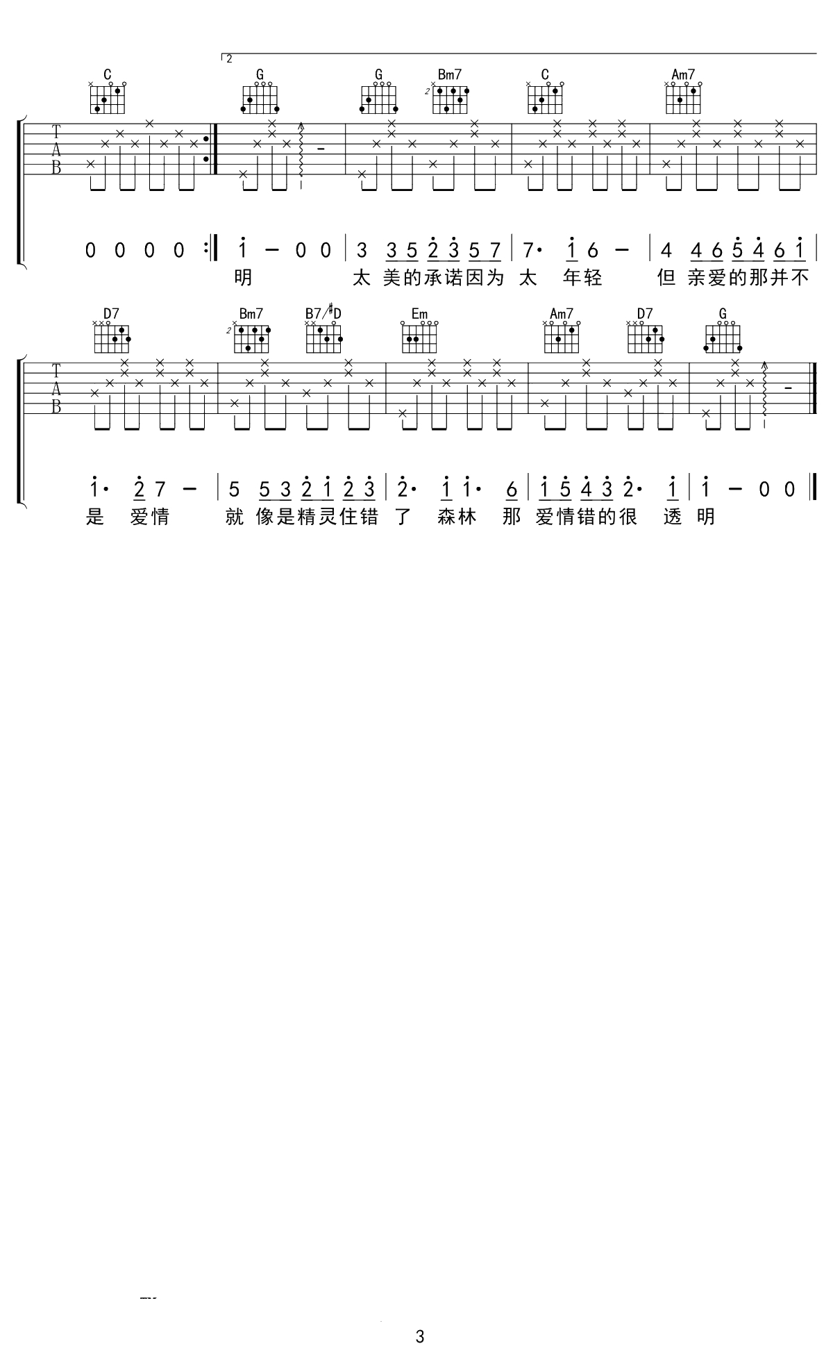 亲爱的那不是爱情吉他谱 张韶涵 G调弹唱六线谱 3