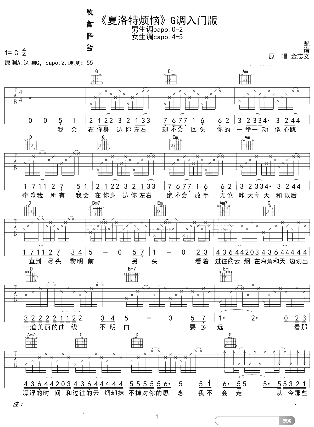 夏洛特烦恼吉他谱 金志文 G调入门版 高音教编配 1