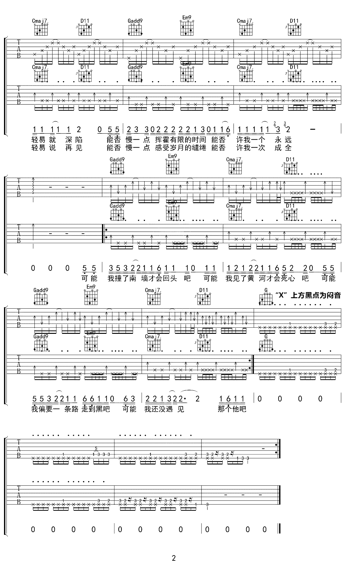 可能否吉他谱 腾格尔 G调指法男生版 吉他2