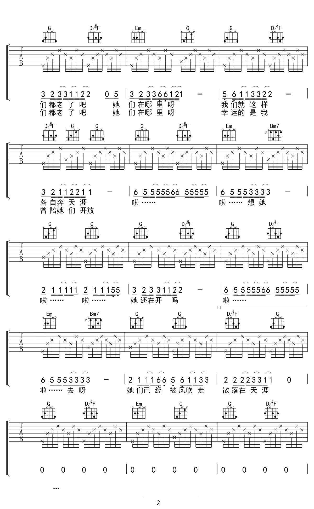 那些花儿吉他谱 朴树 G调弹唱谱 2