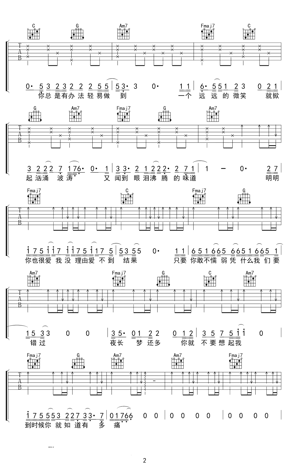 你就不要想起我吉他谱 田馥甄 C调 2