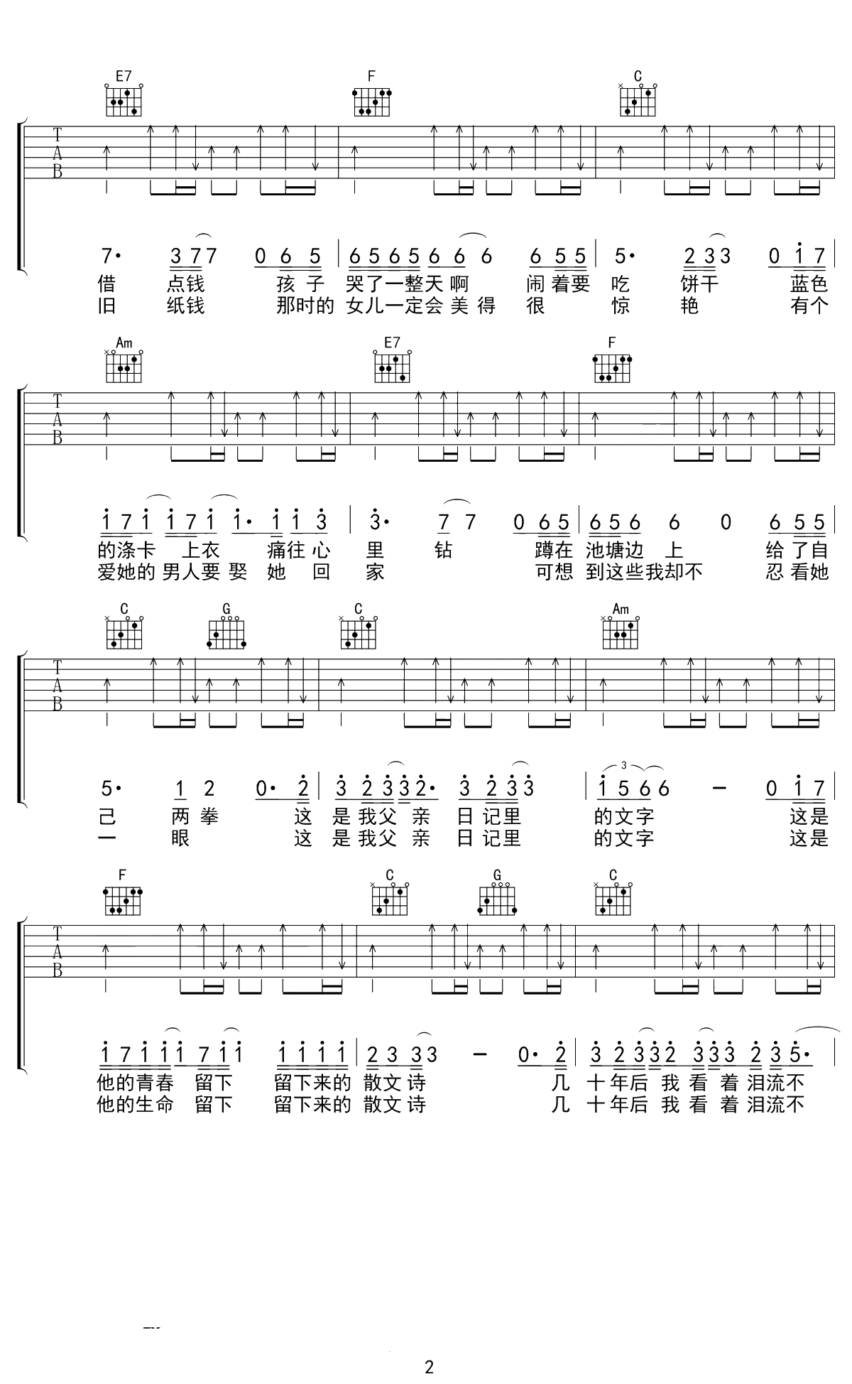 父亲写的散文诗吉他谱 许飞 C调六线谱 2